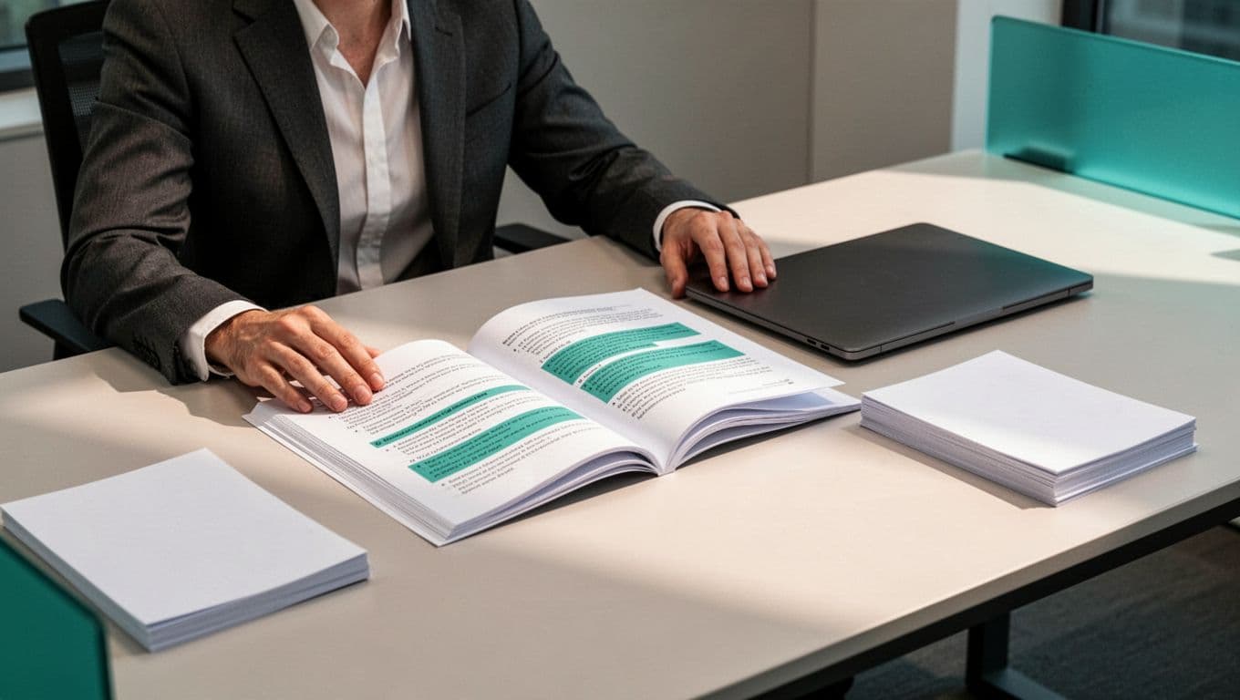 Modern illustration of a professional at a desk reviewing an open security recruitment RFP document with highlighted sections on certifications and clearances. Seated in a relaxed pose with hands on desk, closed laptop, stack of papers, clean shapes, green accents, soft office lighting.