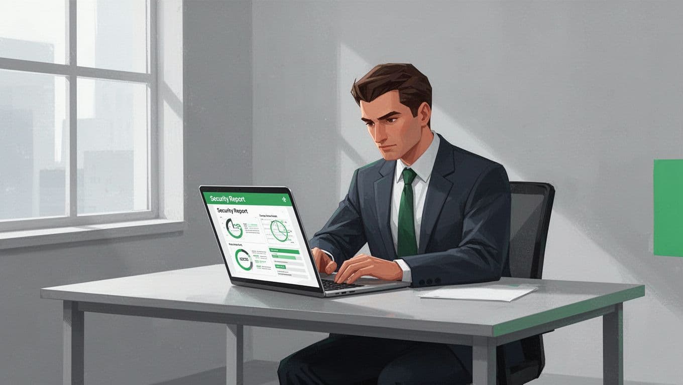 Modern illustration of a professional at a desk reviewing a security report on a laptop, featuring charts showing vulnerabilities with green accents on key elements.