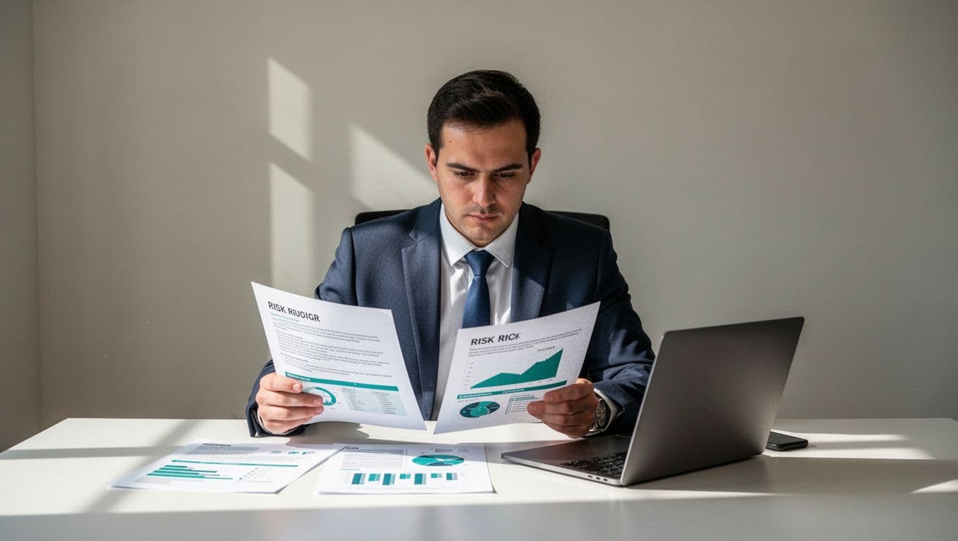 Modern illustration of a professional focused on reviewing third-party risk documents at an office desk with papers and laptop. Clean shapes, controlled colors with green accents on charts, natural lighting, and strong composition featuring exactly one person.