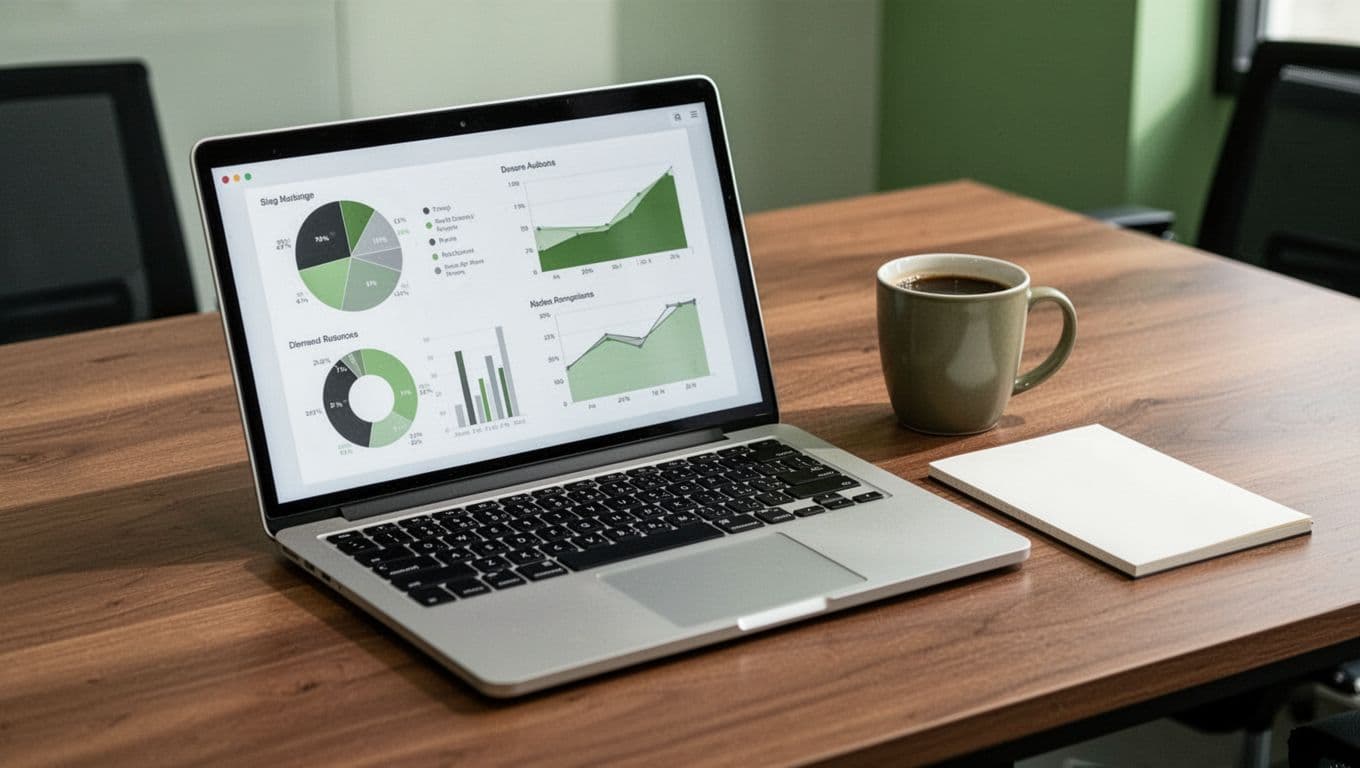 Modern illustration of a detailed security report on a laptop screen at an angle, next to a coffee mug and notepad on a professional desk with soft office light and green highlights.