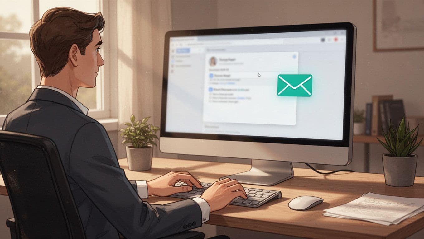 A professional in a modern home office types an email to a cybersecurity recruiter on a desktop computer, with relaxed hands on the keyboard and a blurred generic email compose interface. The illustration features clean shapes, controlled colors, warm daylight lighting, and a green accent on the envelope icon.