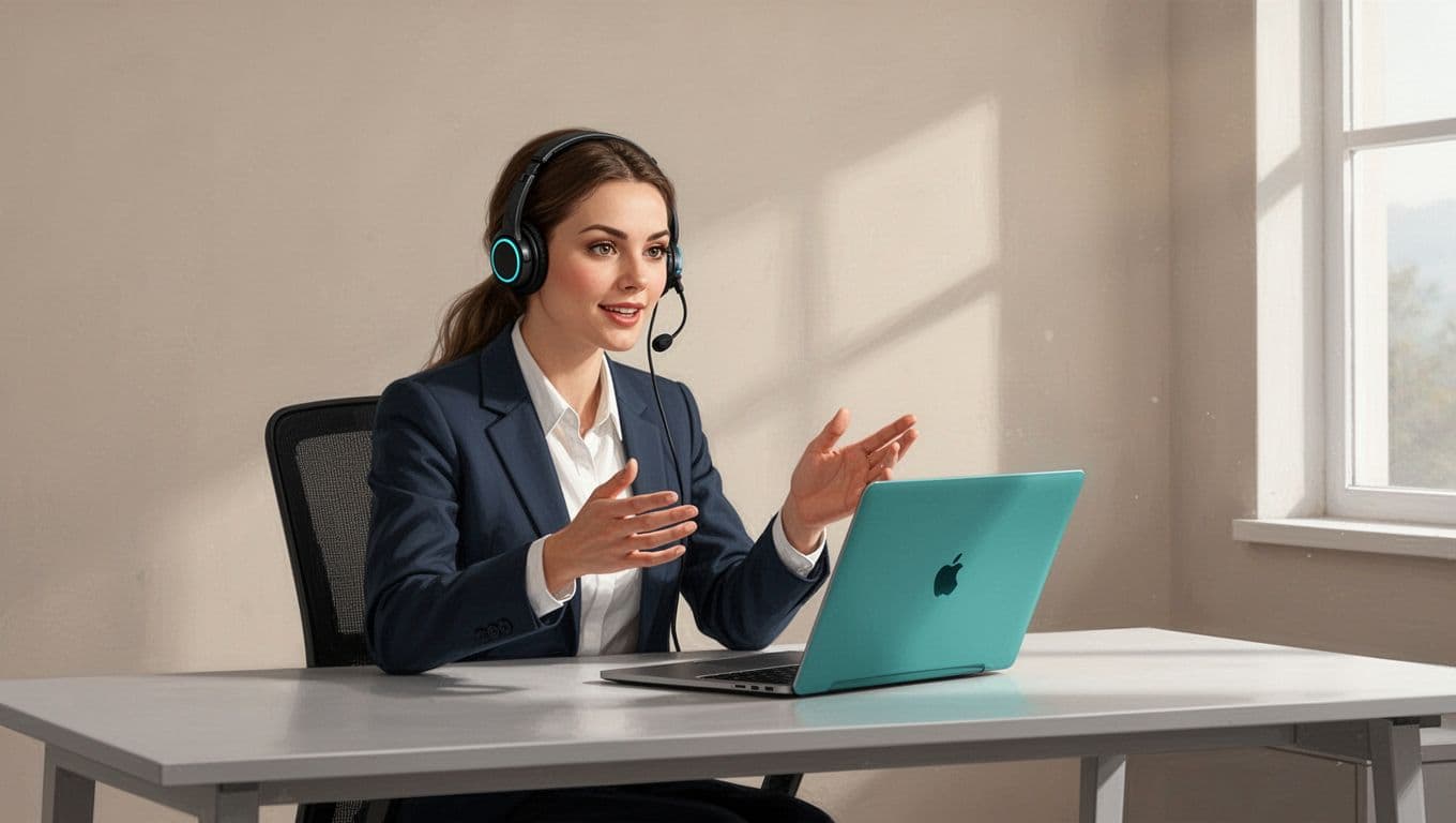 Professional at desk with laptop and green headset on video call, simple office background.