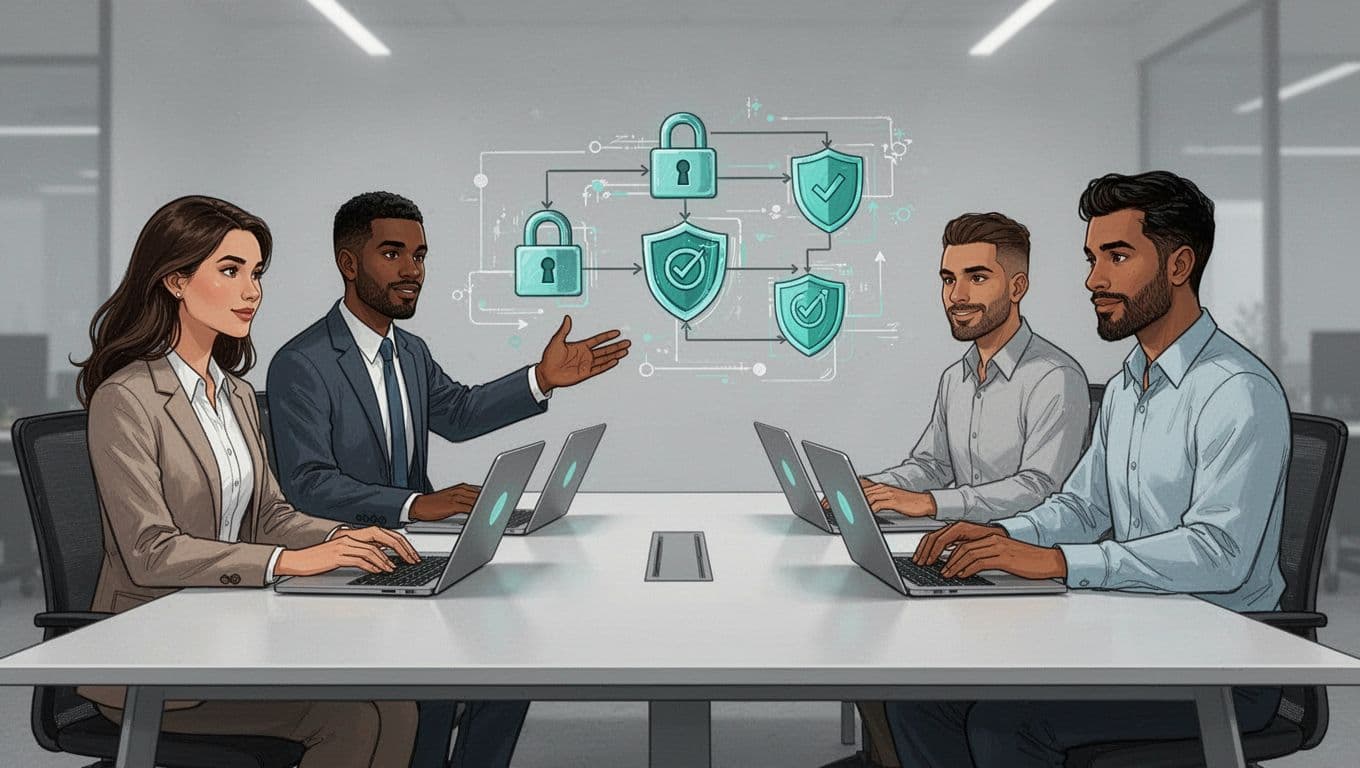 Modern flat illustration of three diverse professionals—two men and one woman—in a contemporary open office, discussing data privacy strategy. One points to a secure data flow chart with locks and shields, while the others take notes on laptops, using clean shapes, #22C55E accents, and neutral gray background.