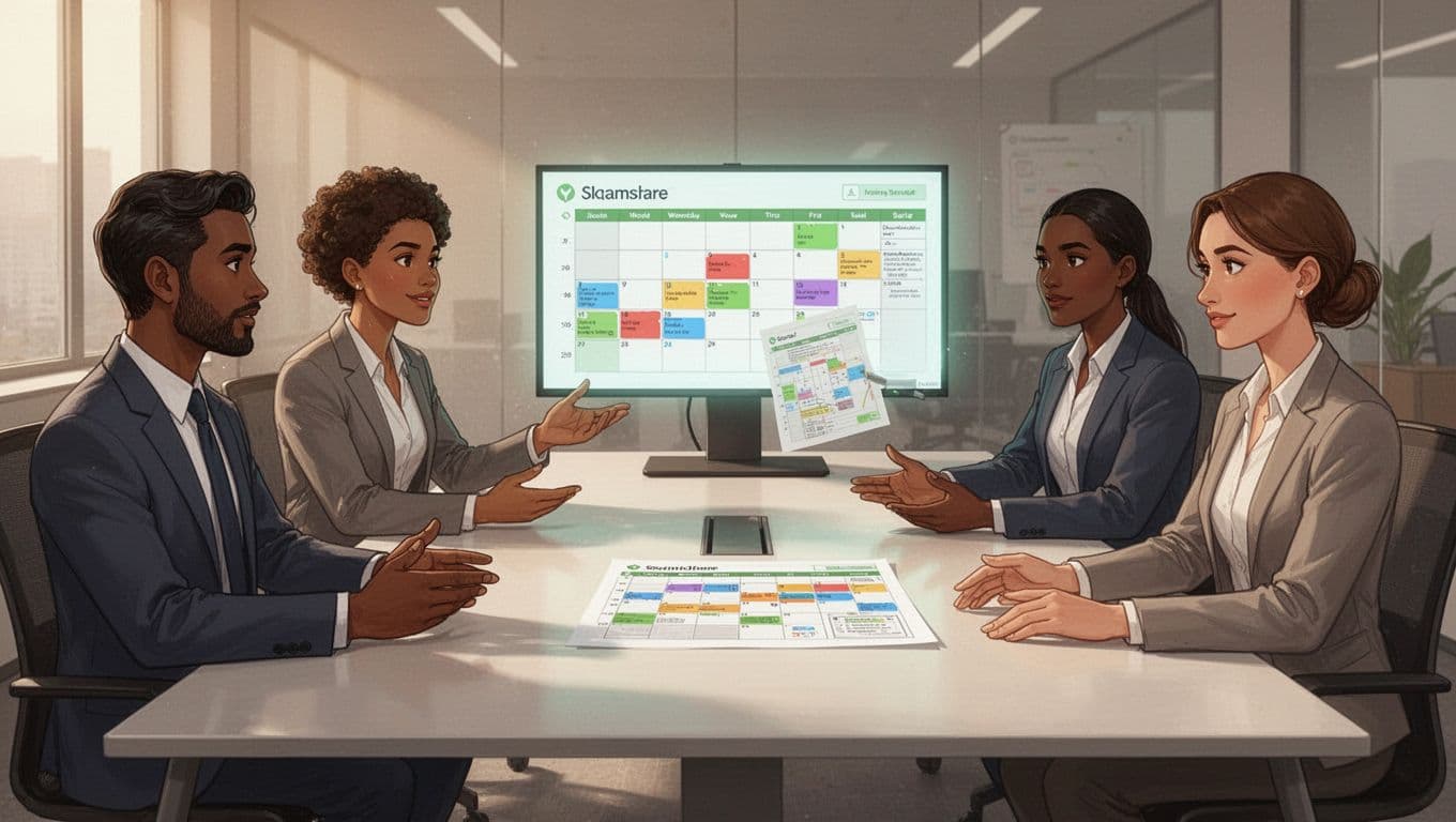 Modern illustration of four diverse professionals seated around a conference table, reviewing a security calendar on a shared screen and paper printout in a collaborative discussion pose.