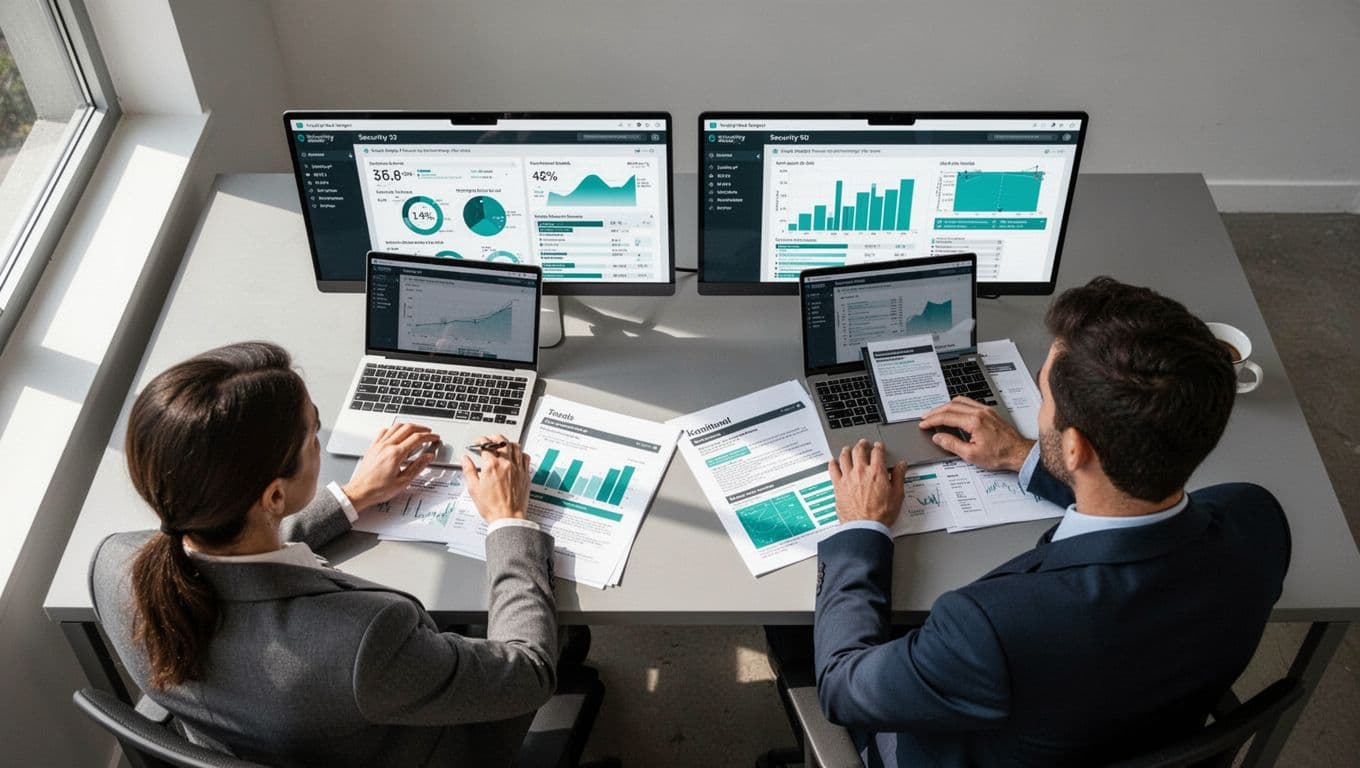Modern illustration of two professionals at a desk comparing side-by-side documents and laptops showing security reports, with clean shapes, controlled color palette accented in green, strong overhead composition, and natural lighting.