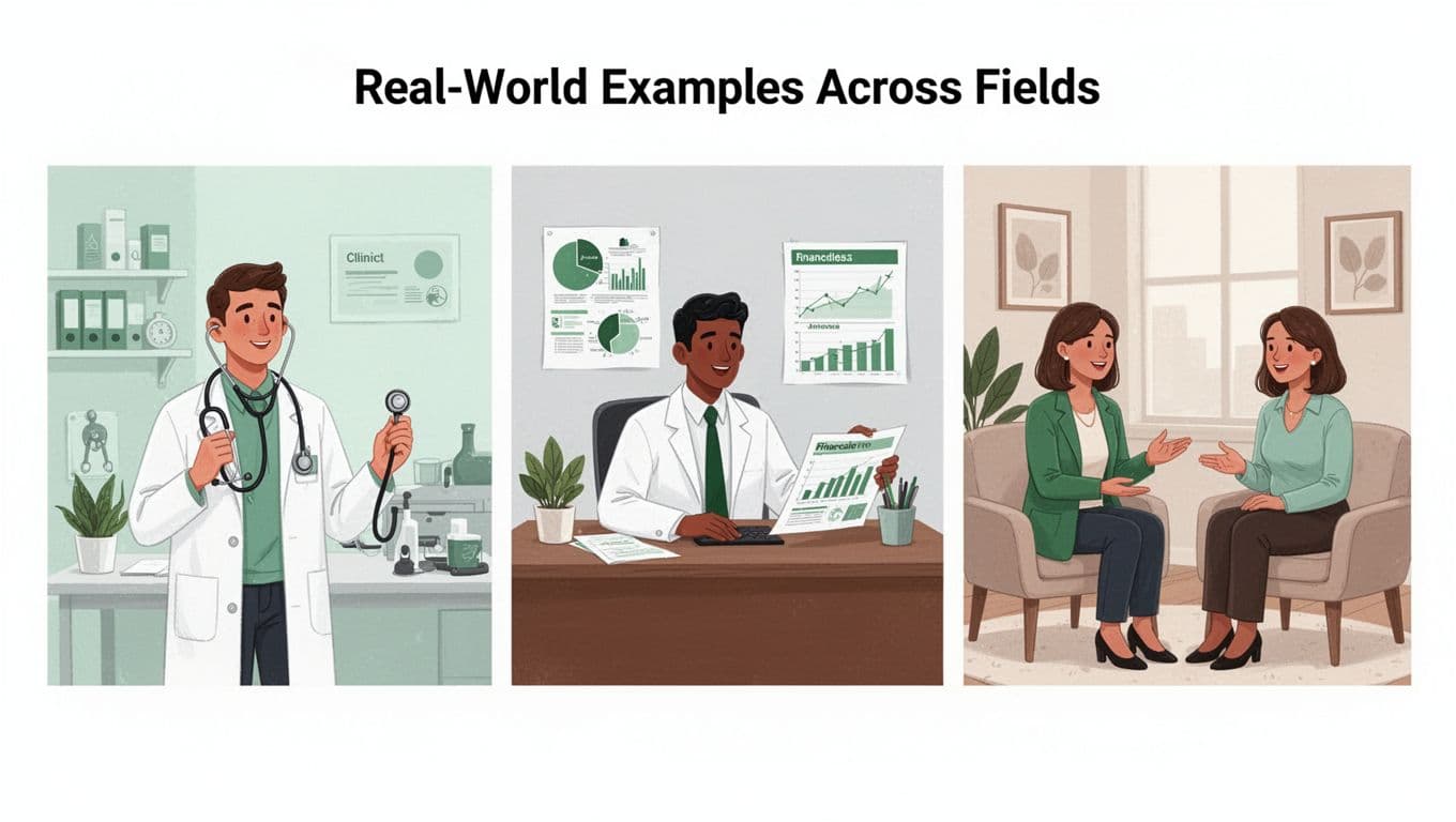 Modern illustration divided into three panels showing a doctor with stethoscope in a clinic, a financial advisor reviewing charts at a desk, and a counselor talking with a client in a cozy office. Features clean shapes, green accents on key items, soft lighting, and relaxed poses.