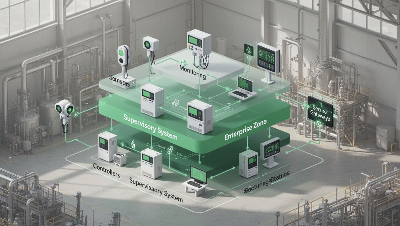 Isometric illustration of Purdue Model showing factory network layers from sensors to IT with segmented zones and gateways.