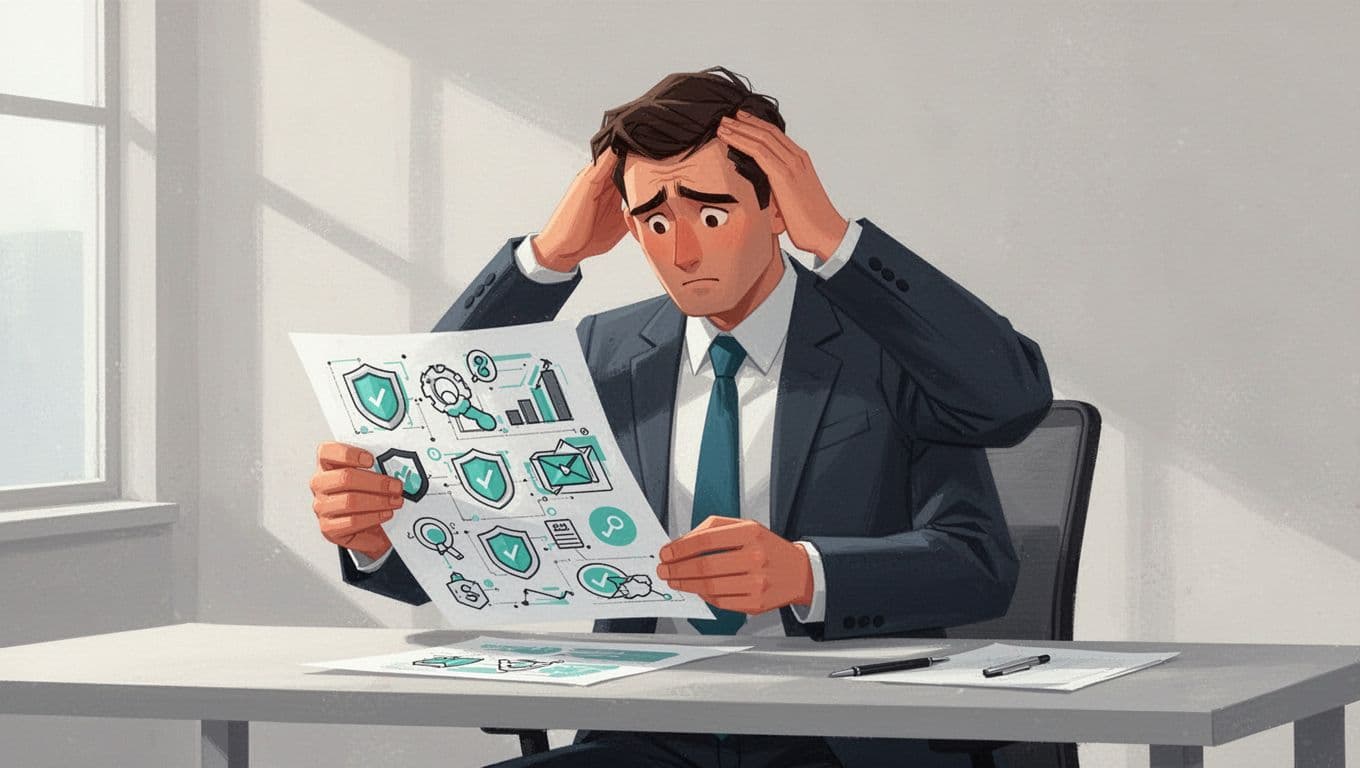 Modern illustration of a confused recruiter scratching their head over a cybersecurity job specification document with icons for cloud security, IAM, DevSecOps, and CISSP certifications on a simple office desk.