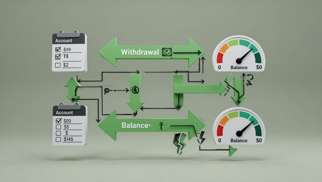 Abstract diagram of a banking app workflow for withdrawals, where a single request splits into two parallel paths due to an unchecked race condition, causing the account balance to drop twice. Modern illustration with clean shapes, controlled colors, #22C55E accents, simple icons, and soft lighting in landscape composition.