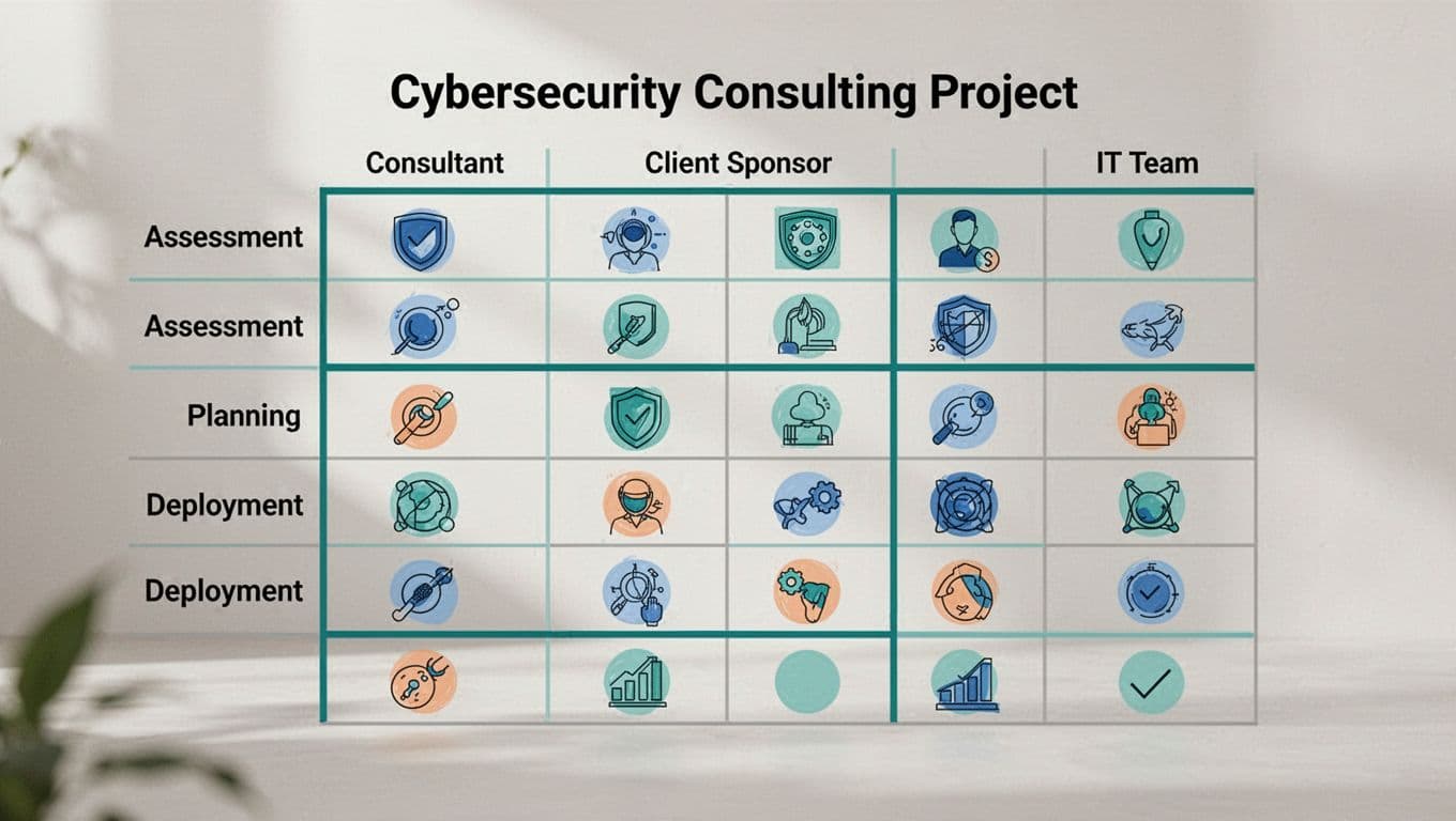 Modern illustration of a RACI matrix grid for a cybersecurity consulting project, with rows for tasks like assessment, planning, and deployment, columns for roles such as consultant, client sponsor, and IT team, and simple icons indicating R, A, C, I in cells on a neutral background.