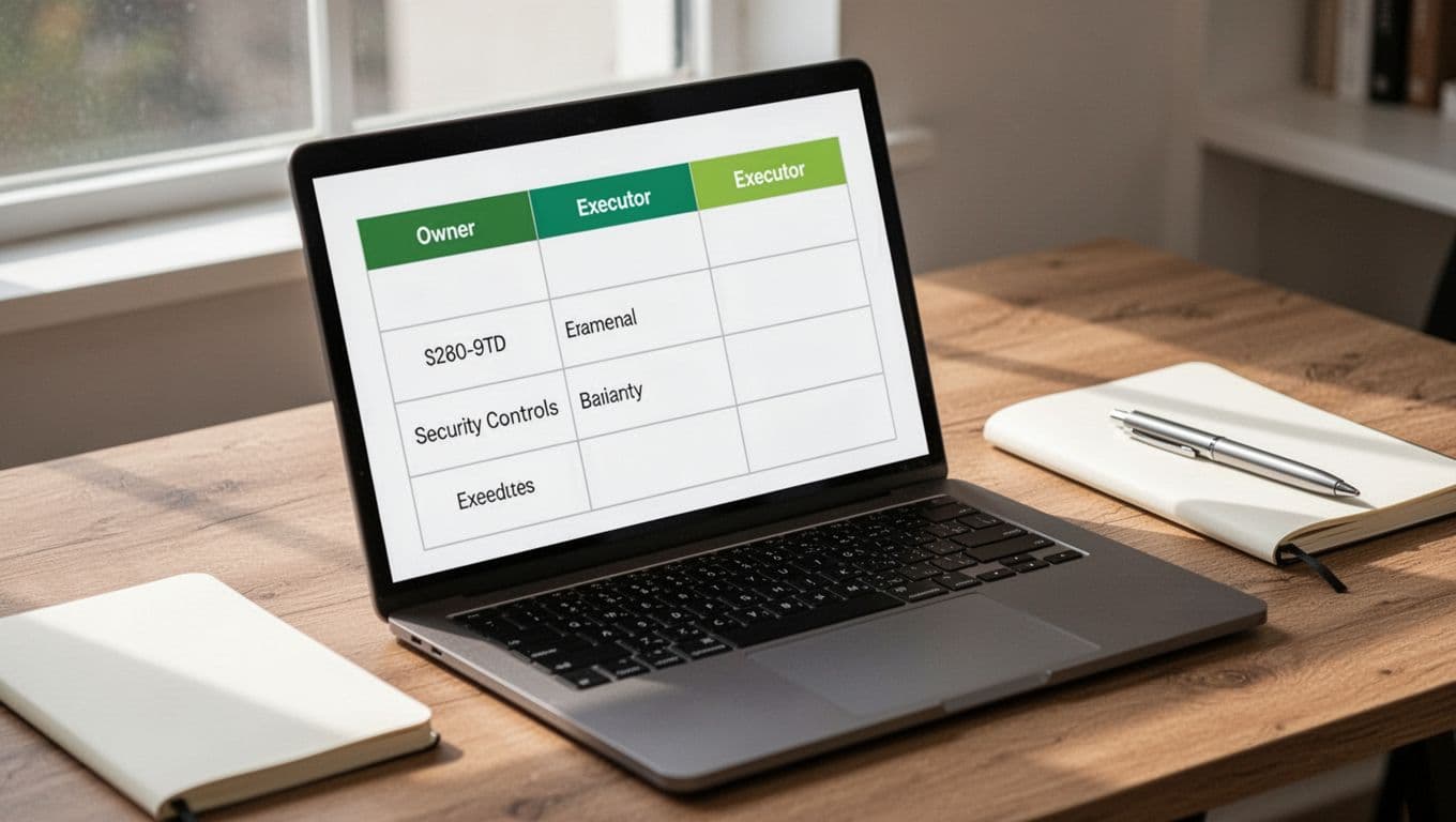 Laptop screen displays simple RACI matrix table for security controls, on wooden desk with notebook and pen nearby.