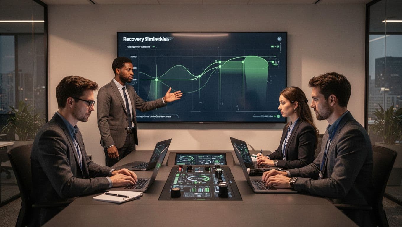 In a modern office command center, a three-person IT security team collaborates intensely: one consultant presents the recovery timeline on a large screen with green accents, while the others take notes on laptops. Modern illustration with clean shapes, warm lighting, and strong composition.