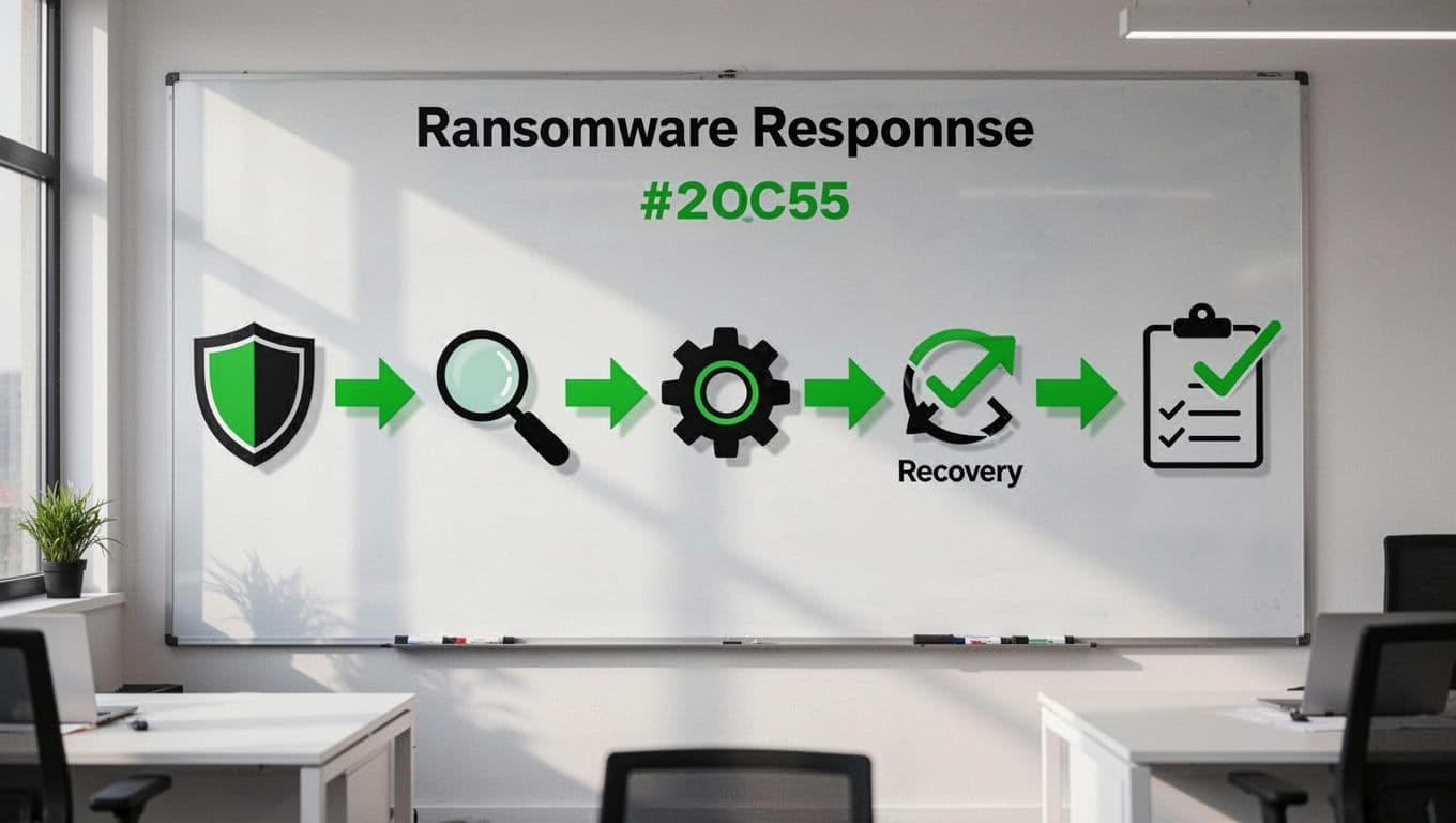 Flowchart on digital whiteboard shows ransomware phases: Preparation, Identification, Containment, Eradication, Recovery, Lessons Learned, linked by green arrows with icons.