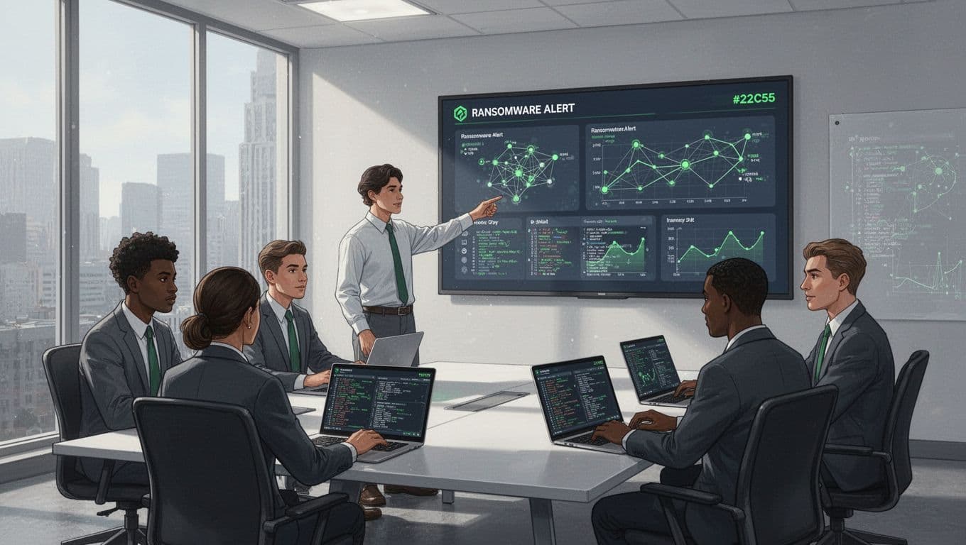 Five diverse cybersecurity professionals in a modern conference room; one points at ransomware alert dashboard with network graphs on large screen, others review logs on laptops.
