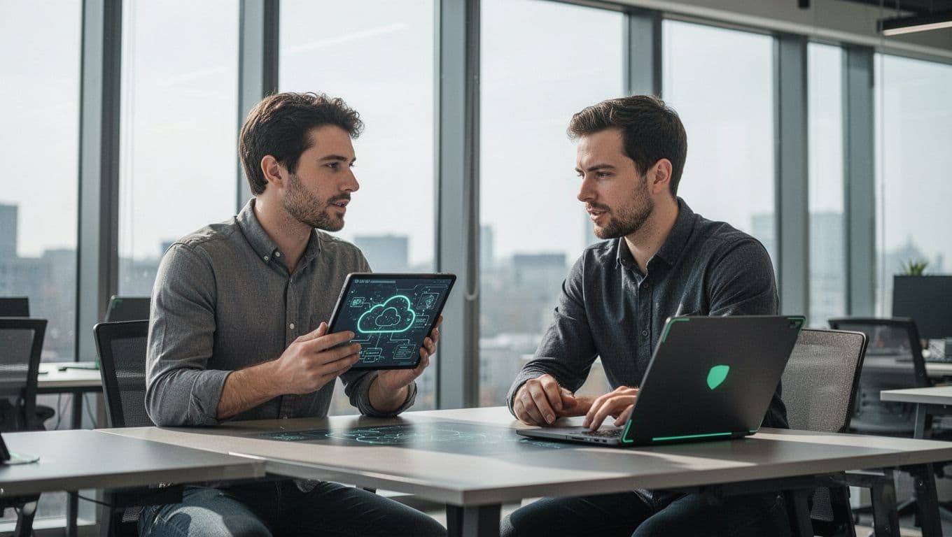 Modern illustration of three cybersecurity professionals in rare roles: cloud security architect reviewing a cloud diagram on a tablet, offensive security expert at a laptop, and CISO leading a team meeting in a modern open office with green accents and soft natural lighting.