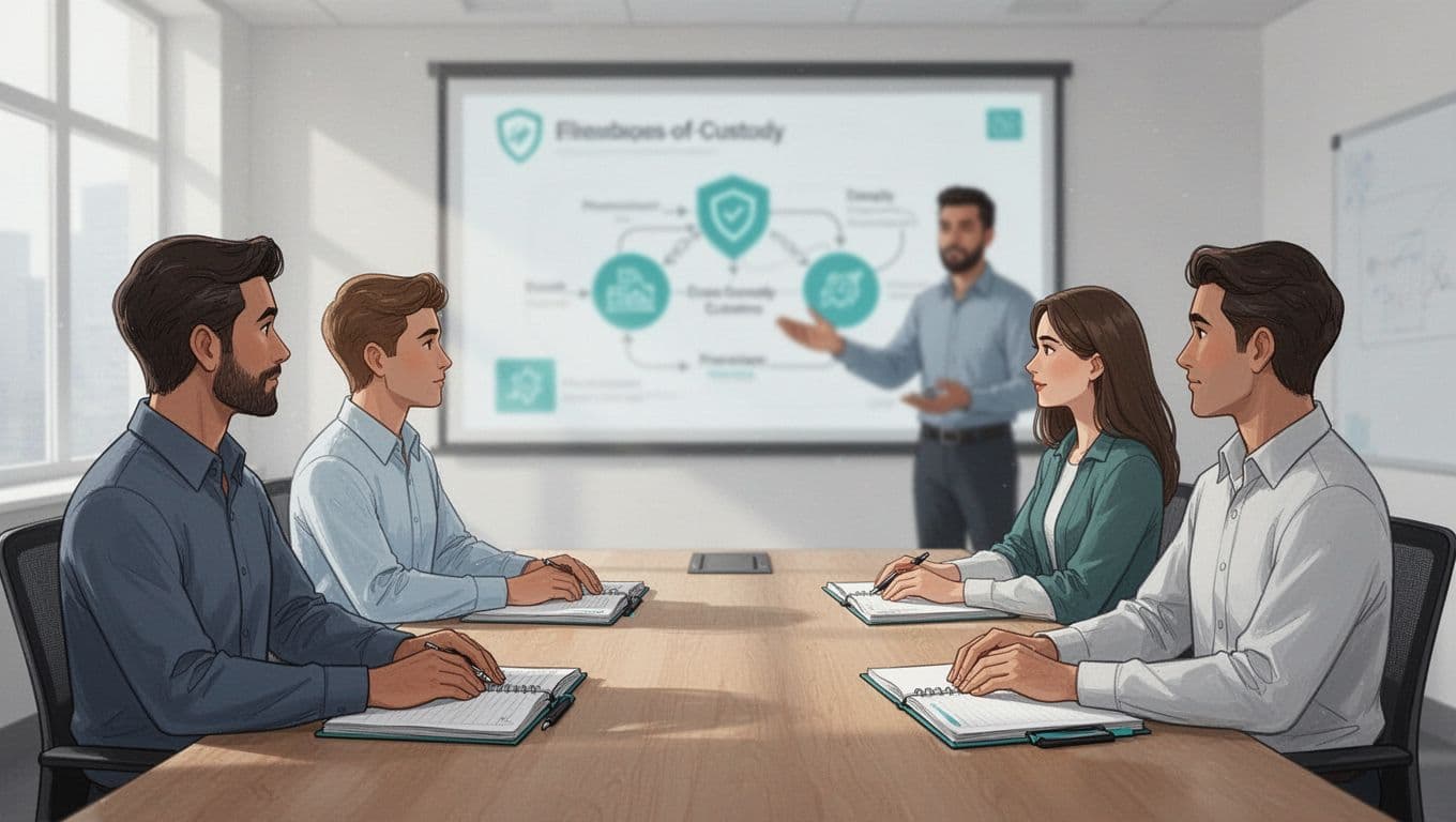 Instructor gestures to blurred chain-of-custody flowchart screen while three seated team members hold notebooks in bright conference room.