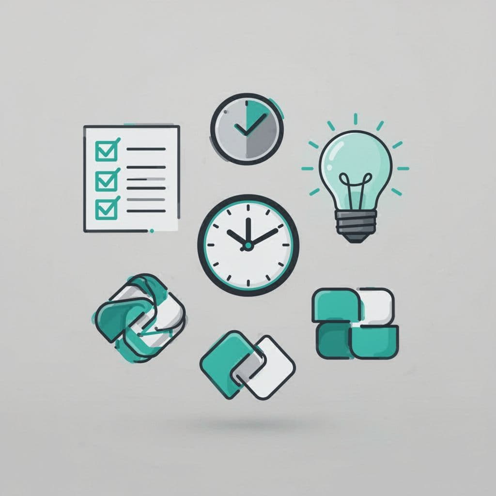 Modern illustration of icons symbolizing readiness consultant qualities like checklist, experience clock, strategy, lightbulb, and collaboration on a neutral background with green highlights.