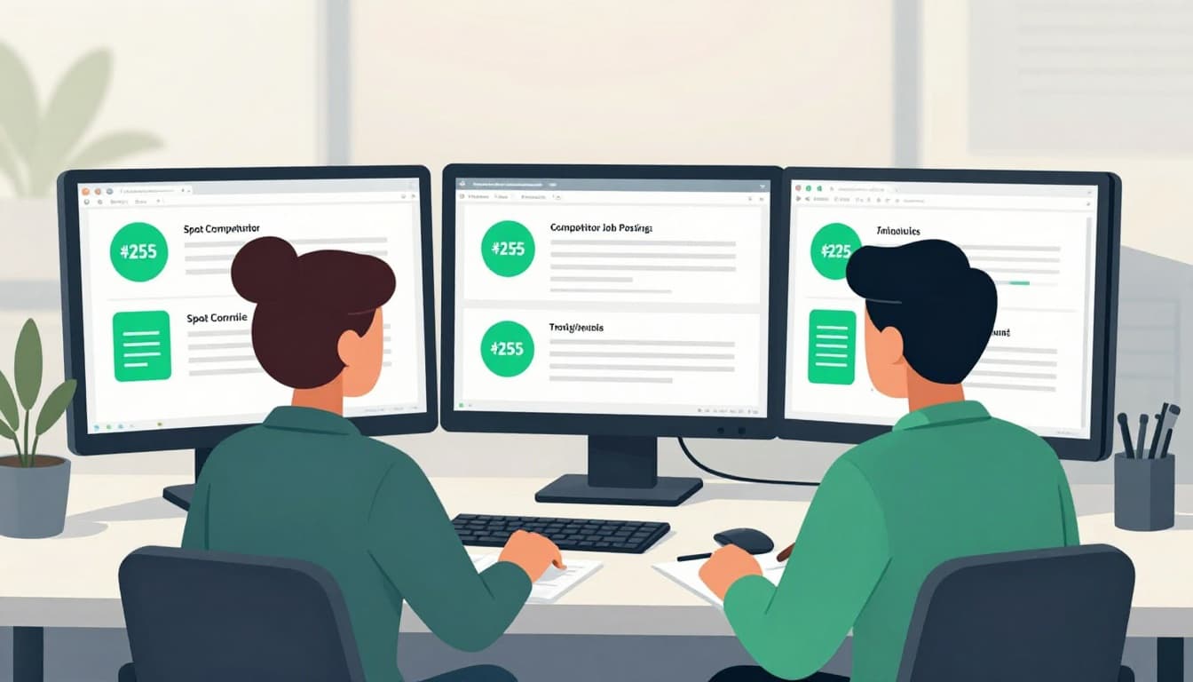 Modern illustration of a recruiter at a desk analyzing multiple job postings on screens, with charts showing channel performance in a clean office setting with natural light.