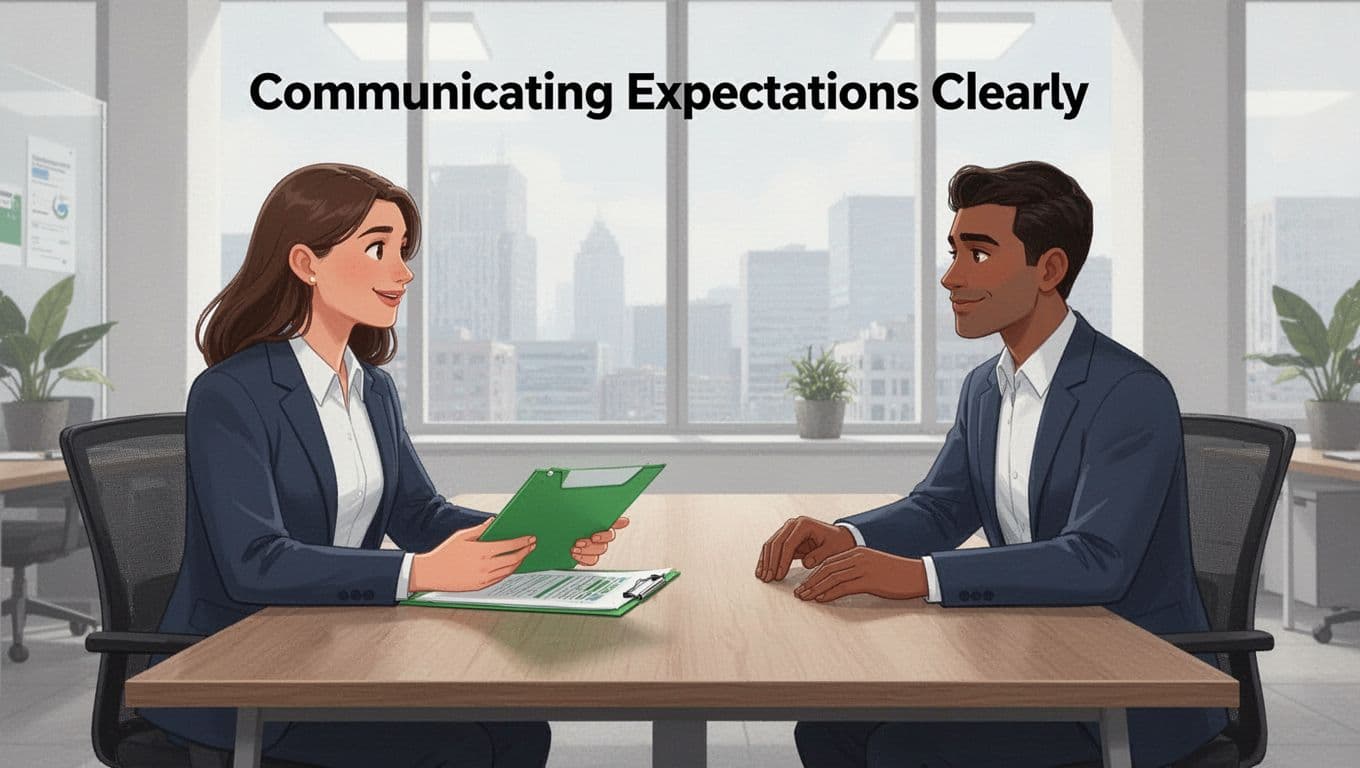 Modern illustration of a recruiter and job candidate discussing job details across a conference table in a bright office, featuring relaxed postures, clean shapes, and a green accent color.