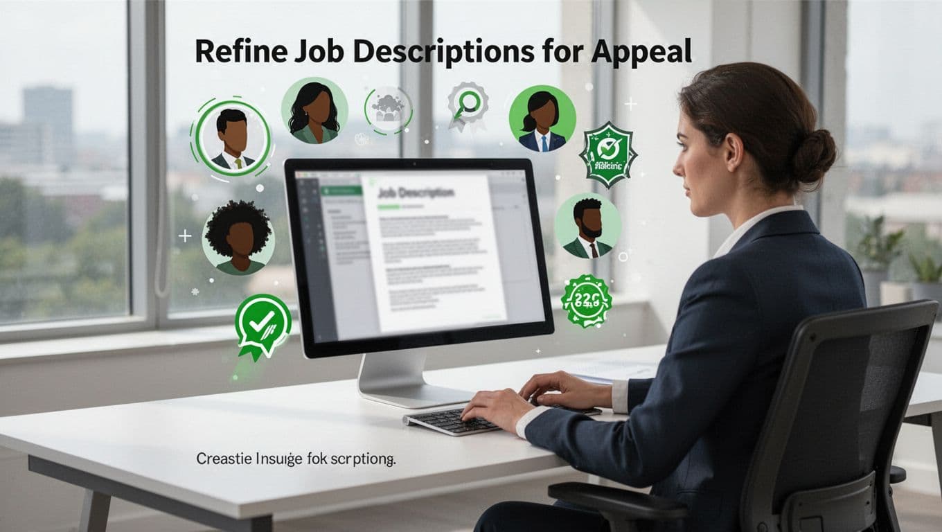 Modern illustration of a recruiter at a desk with laptop displaying blurred job description, surrounded by floating diverse silhouette icons and skills badges, in natural office light with green accents.