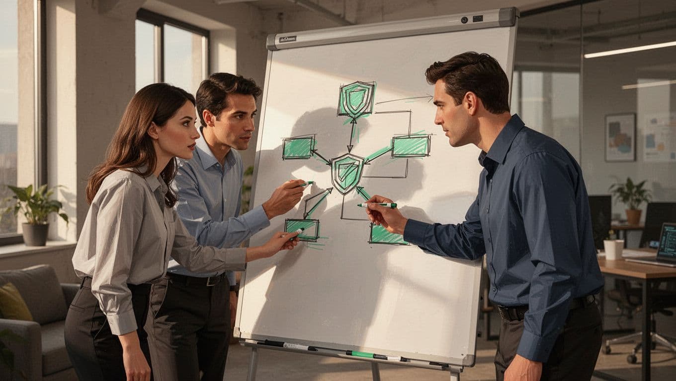 Modern illustration of a recruiter and senior cybersecurity architect collaboratively sketching a network security diagram on a whiteboard in an office setting, with focused expressions and warm lighting.