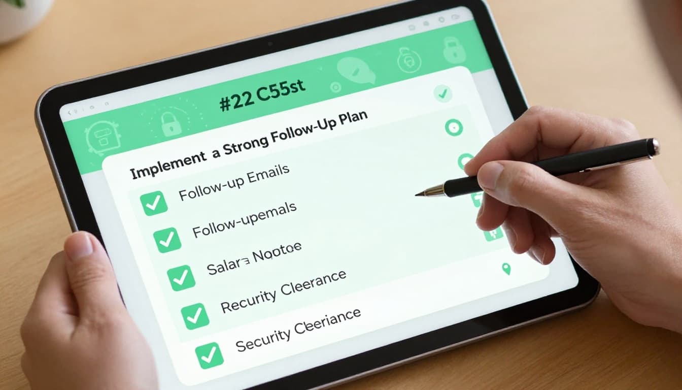 Modern illustration of a checklist on a digital tablet held by a recruiter's hand, with items like follow-up emails, salary negotiation, and security clearance checked off against a cybersecurity-themed background with subtle lock icons.