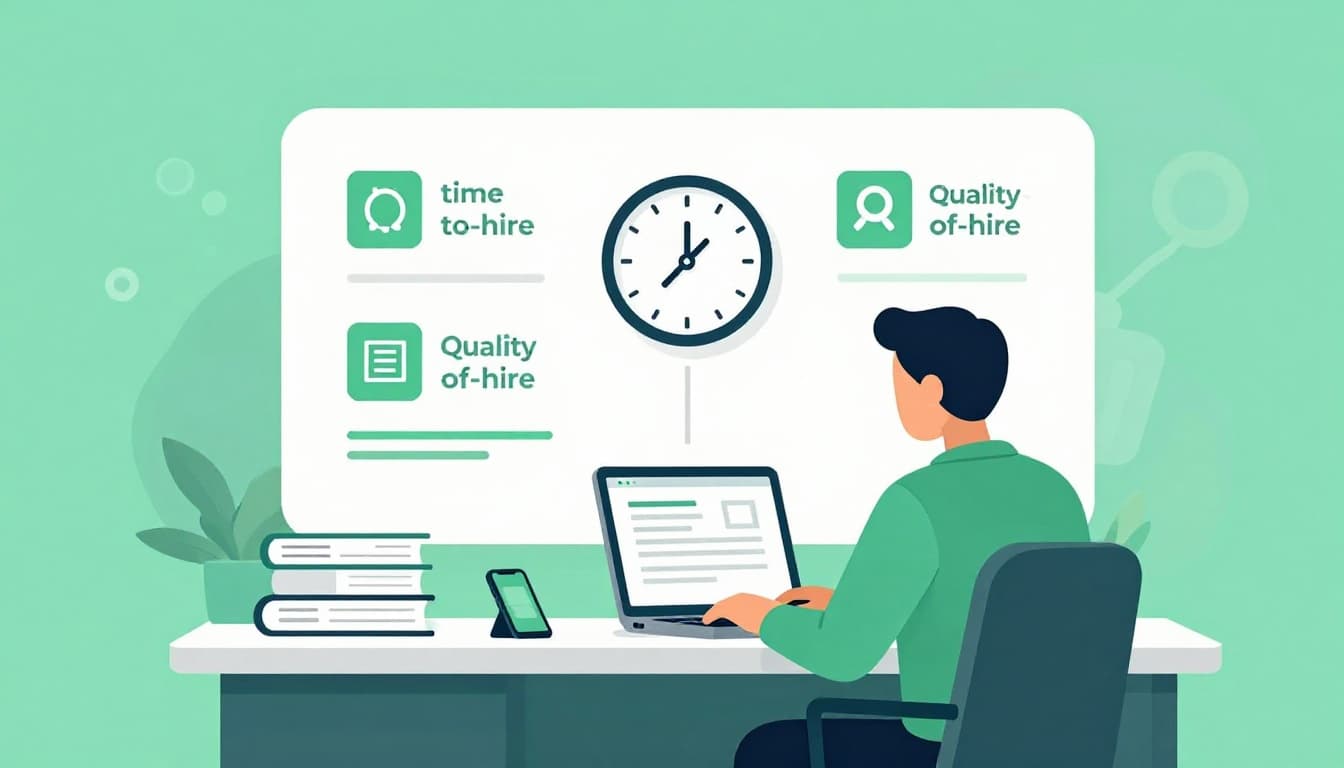Modern illustration of a recruiter at a desk with laptop, phone, and resume stack, focused on time-to-hire clock and quality-of-hire icons. Clean shapes with green accents, soft office lighting, and strong composition.