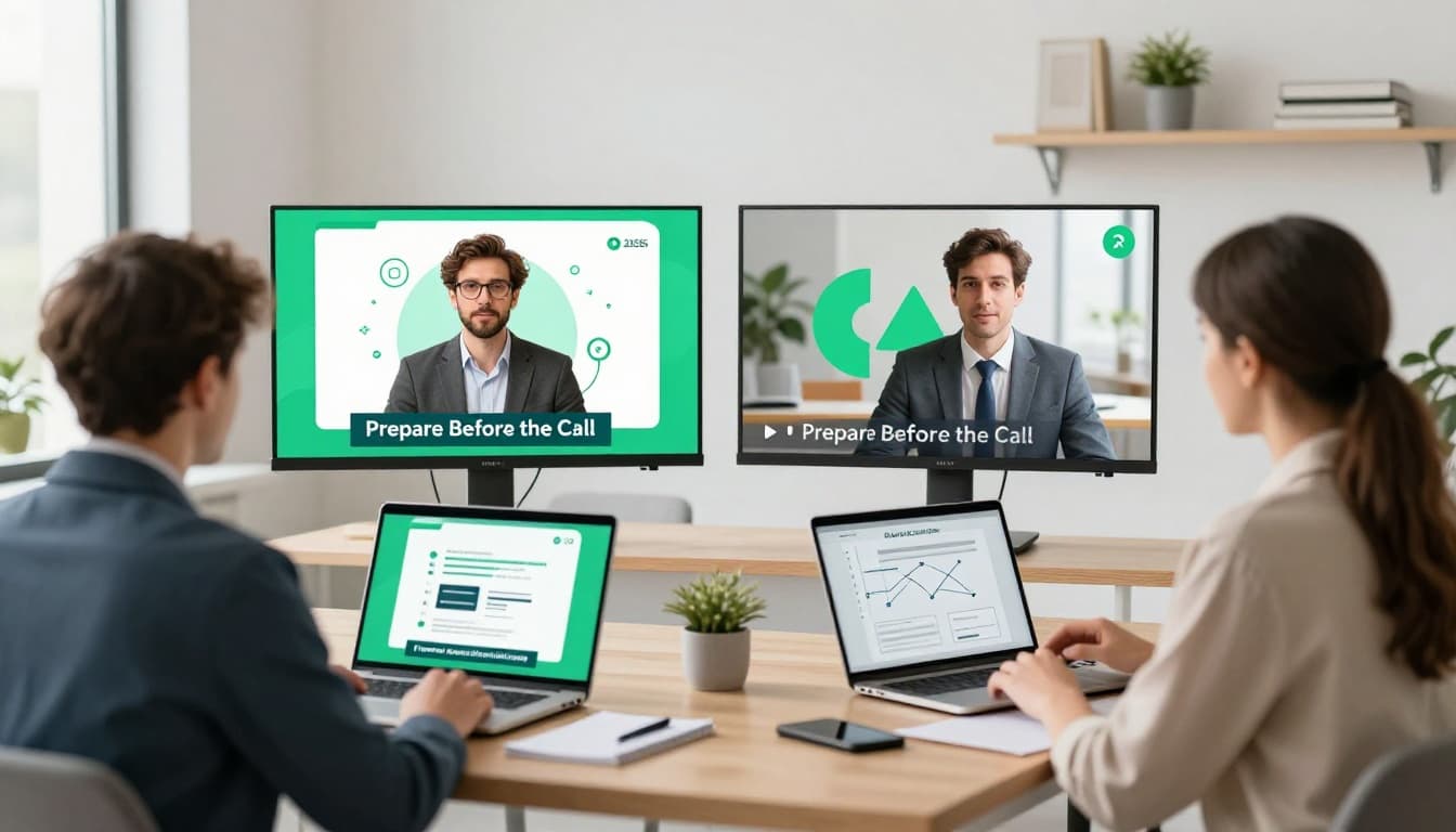 Recruiter leads a split-screen video call with hiring manager, both in modern offices with laptops and notes, discussing a cybersecurity job. Clean modern illustration style with simple shapes, green accents, and natural lighting.
