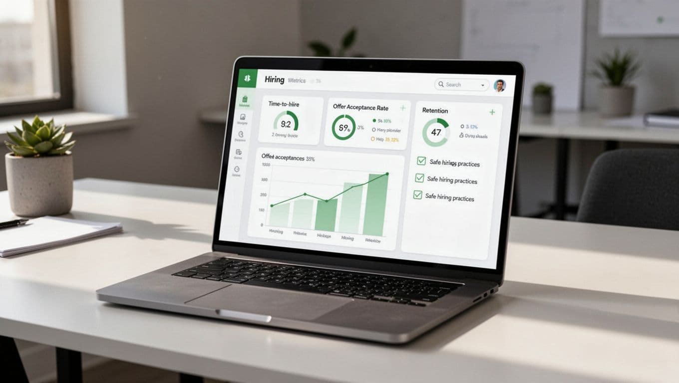 Modern illustration of a dashboard displaying key hiring metrics like time-to-hire, offer acceptance rate, and retention charts for security hires, beside a checklist avoiding red flags, on a desk with one laptop. Clean shapes, controlled colors with green accents, soft lighting, no people or text.