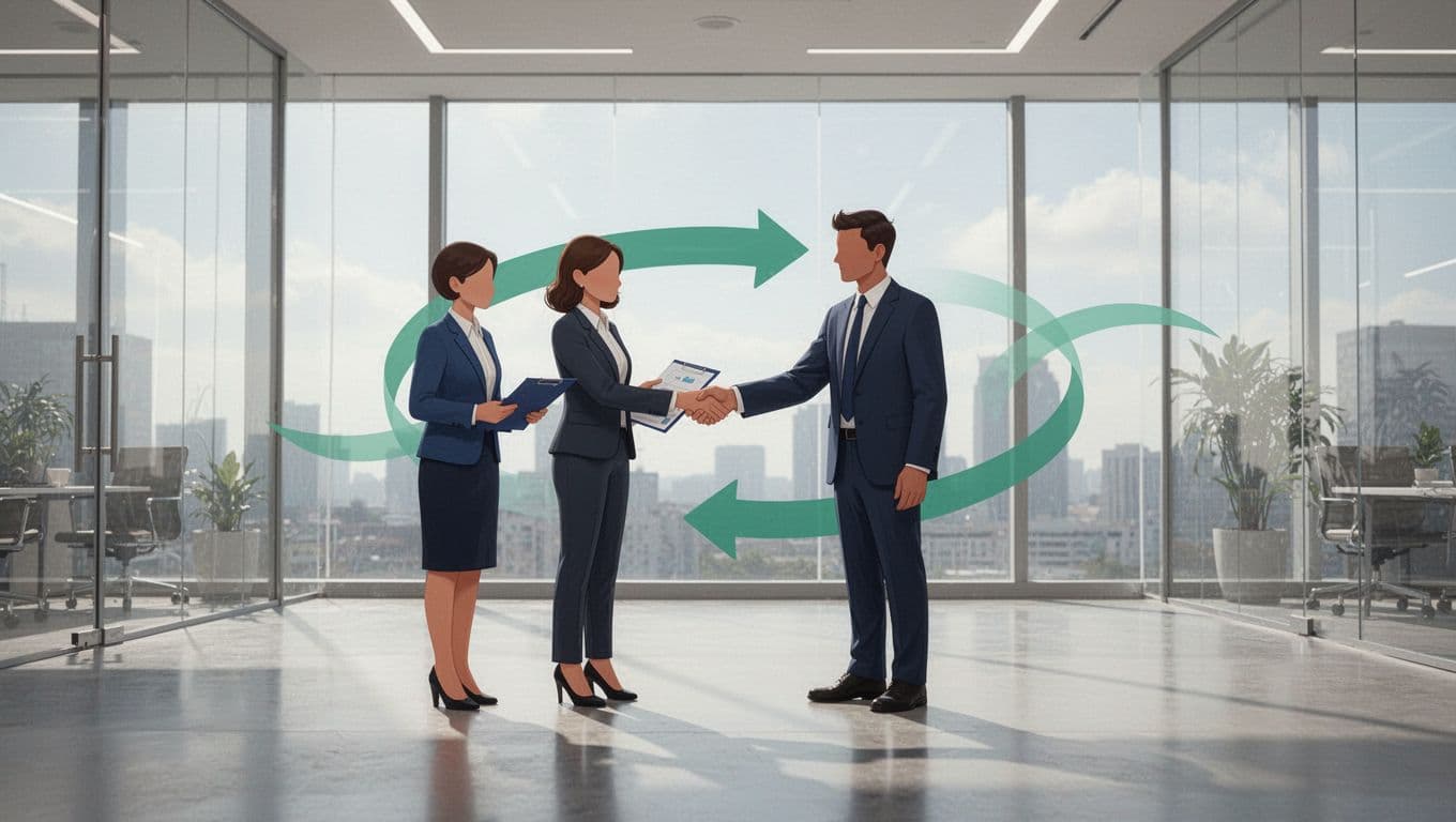 Modern illustration of a four-step hiring flowchart: employer meets recruiter, recruiter sources candidates, interviews conducted, and perfect match made. Clean icons, green-accented arrows connecting steps in a professional style with no text or extra elements.
