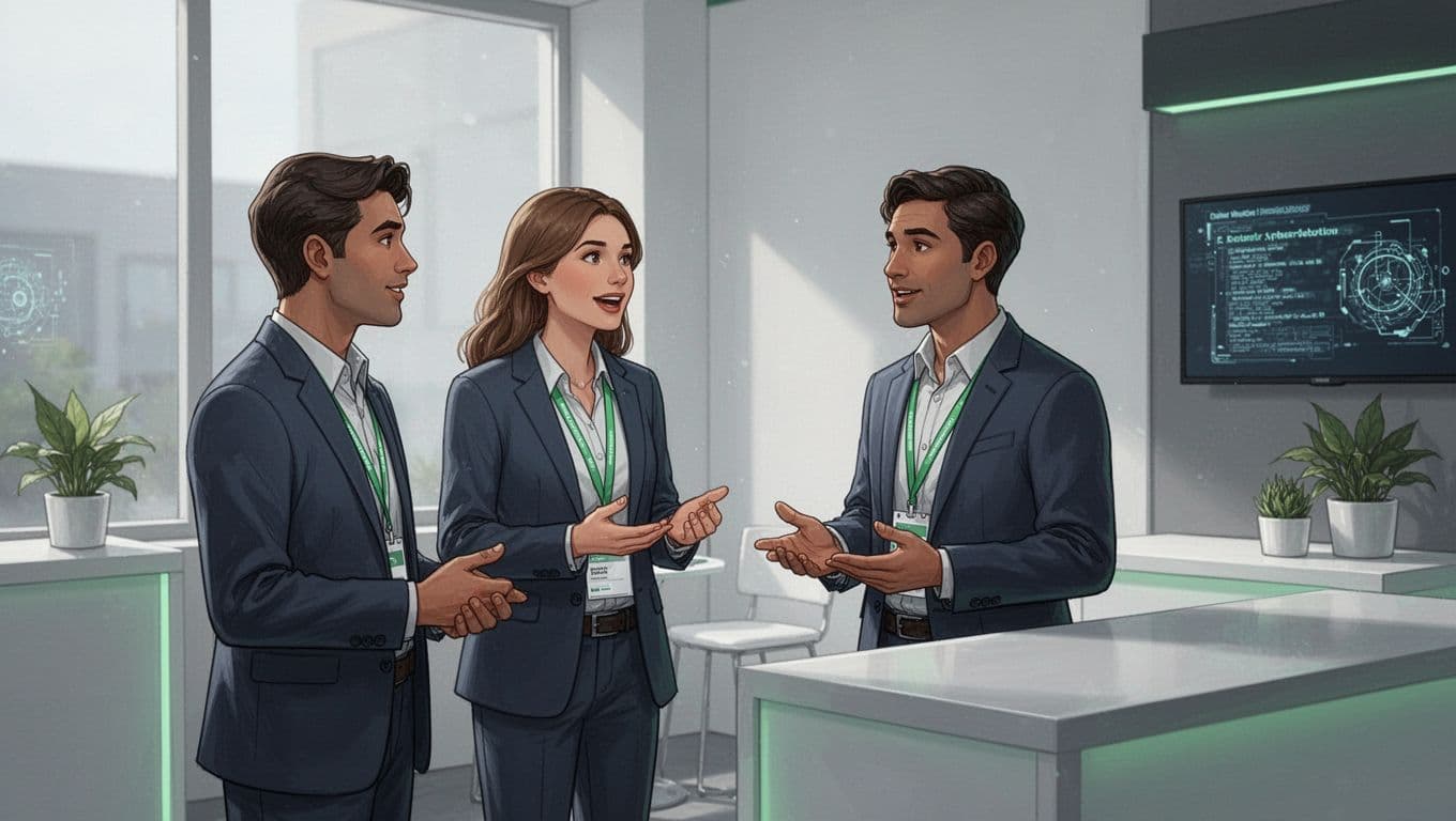 Modern illustration depicting a recruiter networking with two professionals at a cybersecurity conference event booth, featuring clean lines, natural lighting, and subtle green highlights, focusing on interaction without detailed faces or text.