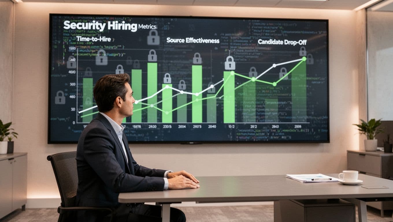 Modern illustration of a recruiter seated before a large screen displaying charts for time-to-hire, source effectiveness, and candidate drop-off rates in security hiring, with cybersecurity-themed lock icons and code snippets in the background.