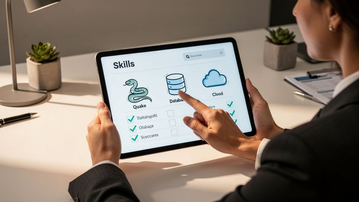 Recruiter at desk holds tablet displaying skills scorecard with icons and green checkmarks.
