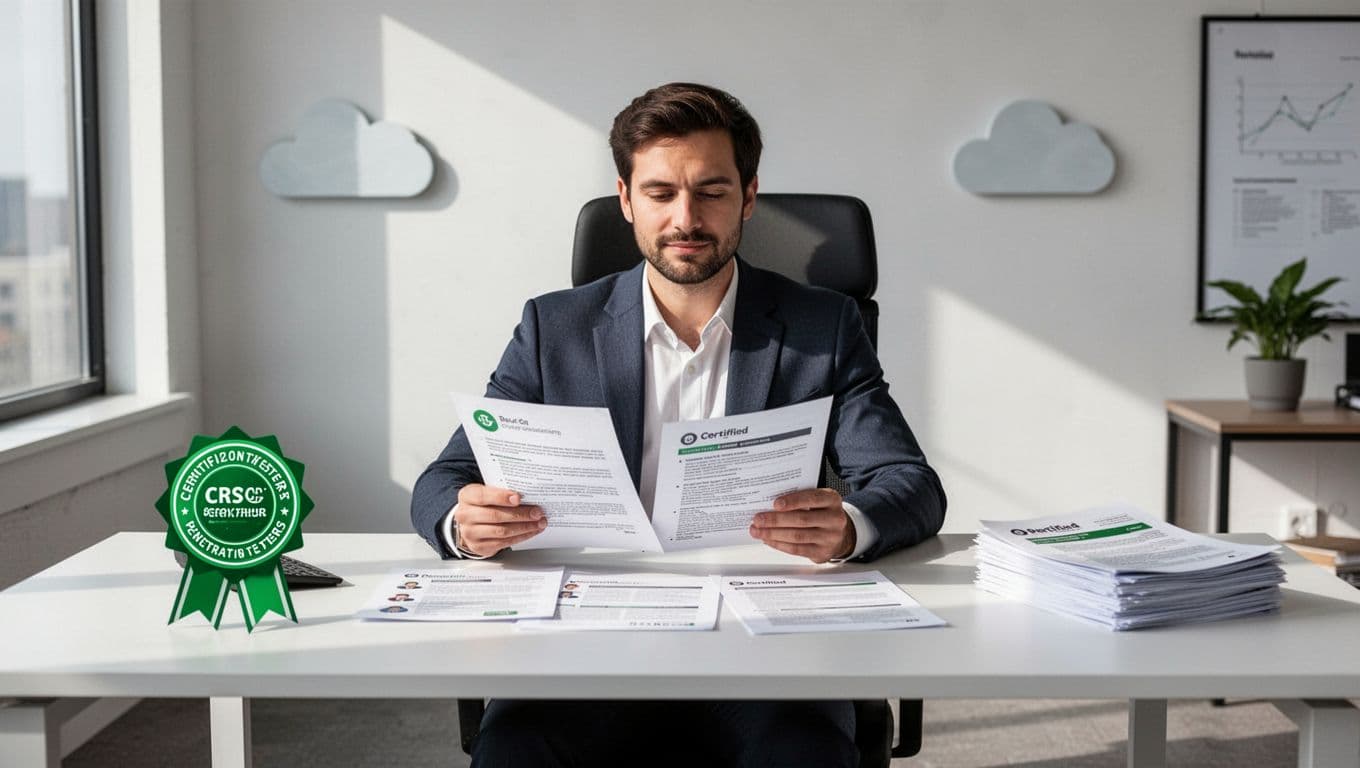 Modern illustration of a recruiter at a desk reviewing resumes and profiles of certified penetration testers, with OSCP certificate icons, cloud symbols, and report documents nearby.