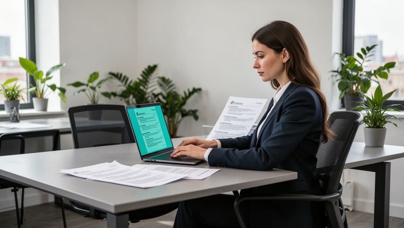 Modern illustration of a recruiter at a desk reviewing resumes for cybersecurity roles on a laptop, with relaxed hands on the keyboard in an office setting featuring plants and a green glow on the screen.