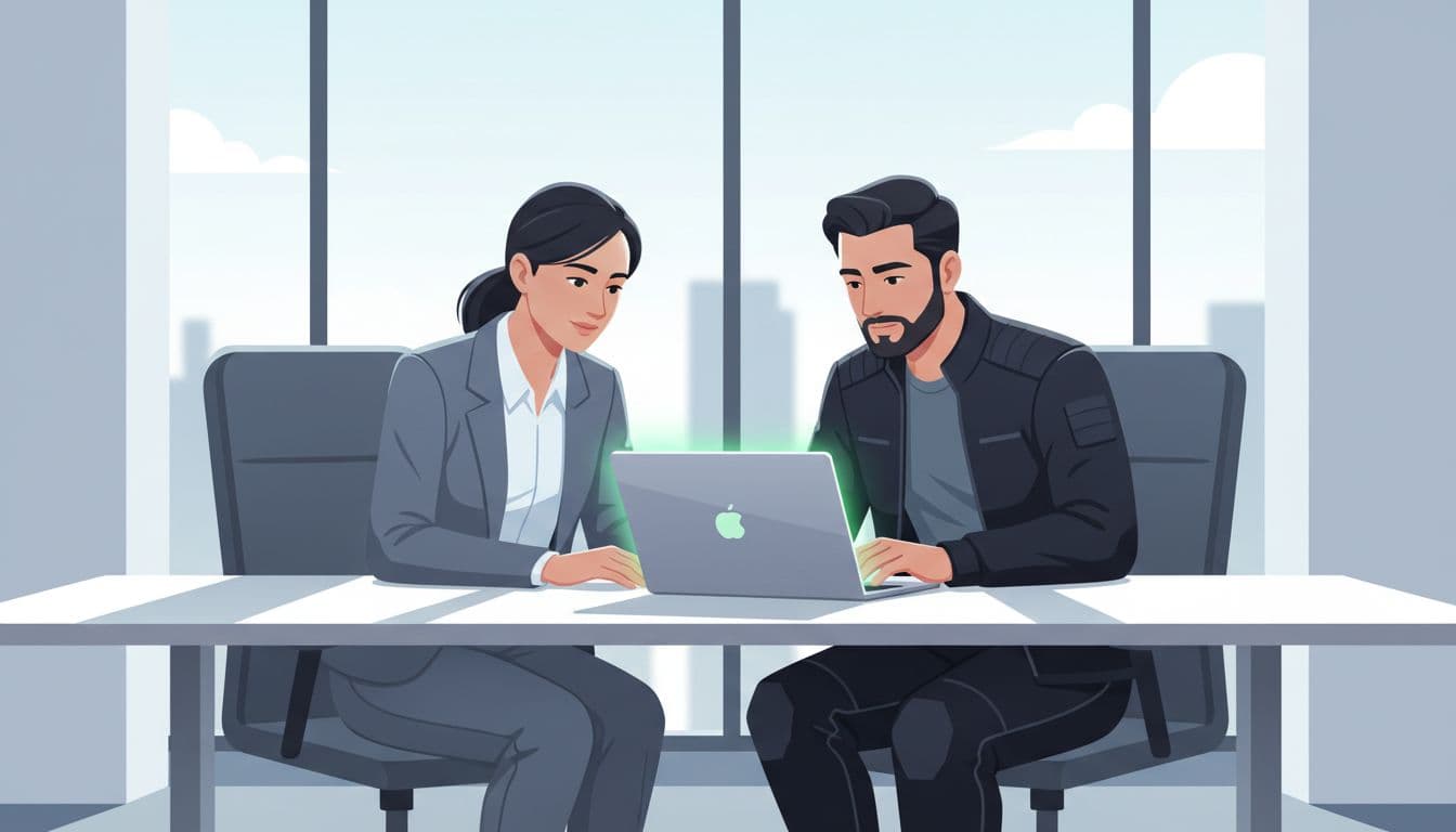 Recruiter in business casual and security manager in tech attire review a document on a laptop across a conference table in a modern office.
