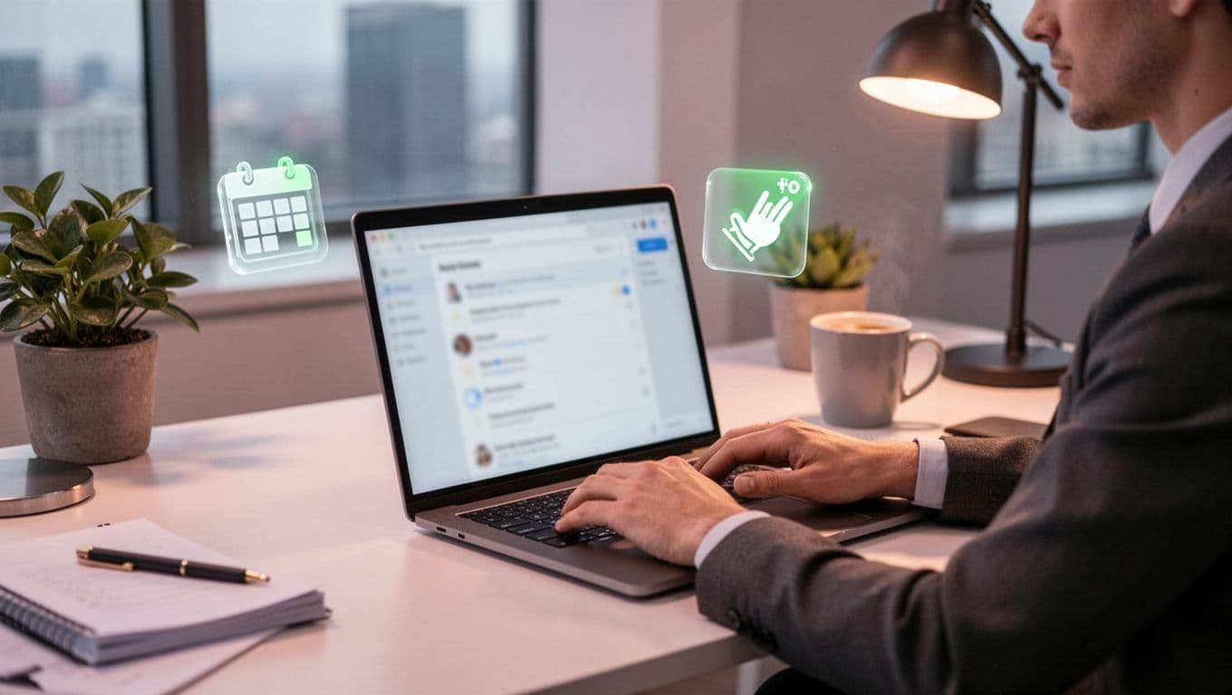 Recruiter at a desk in a cozy modern office types a follow-up email on a laptop to a cybersecurity candidate, with subtle floating icons of calendar invite and thank-you message, plants, coffee mug, and warm desk lamp lighting.