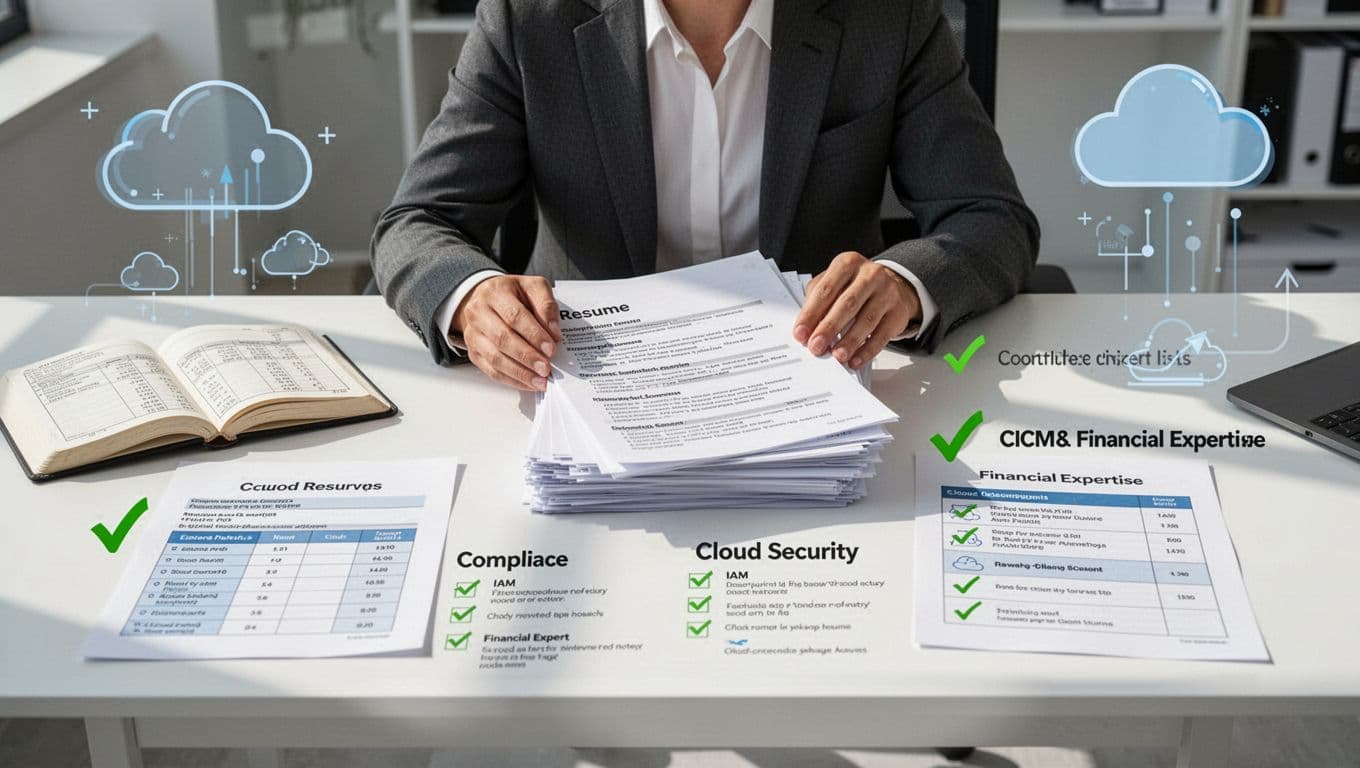 Modern illustration of a recruiter at a desk with a stack of resumes, using verification checklists for compliance, IAM, cloud security skills, and financial background icons. Clean lines with green checkmarks, focused on the evaluation process, bright professional lighting, exactly one recruiter.