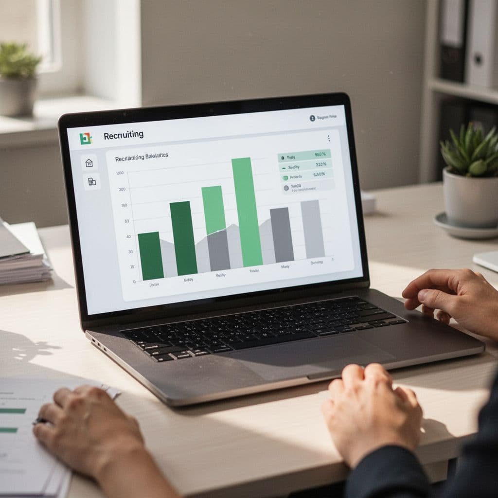 Modern illustration of a laptop screen displaying a simple dashboard with abstract bars for recruiting metrics like time-to-fill and quality-of-hire from different sources, cybersecurity theme with green accents, on a clean office desk.