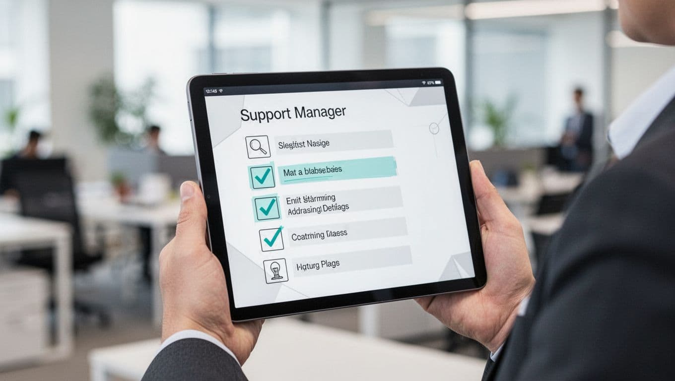 Hand holds digital tablet displaying 'Red Flags' checklist with icons for verify identity and document interaction, blurred office background.