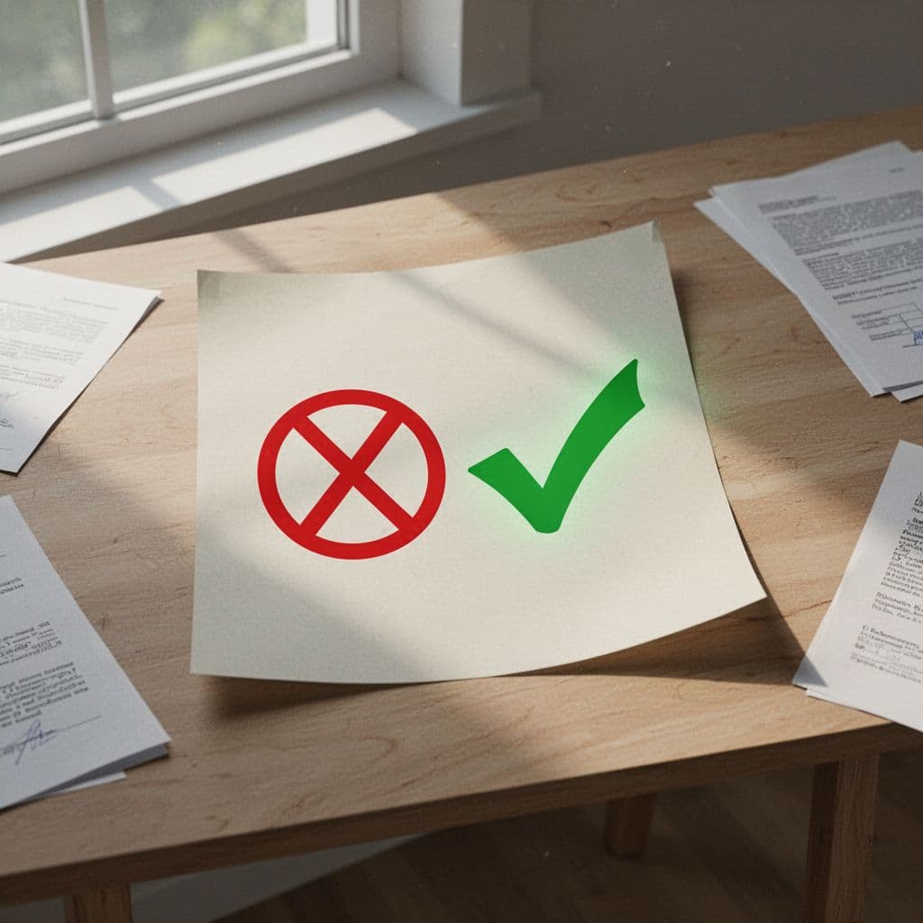 Modern illustration of a checklist crossing out red flags like mismatched skills or high fees, next to a green check for a qualified recruiter in a simple desk scene with clean shapes and natural light.