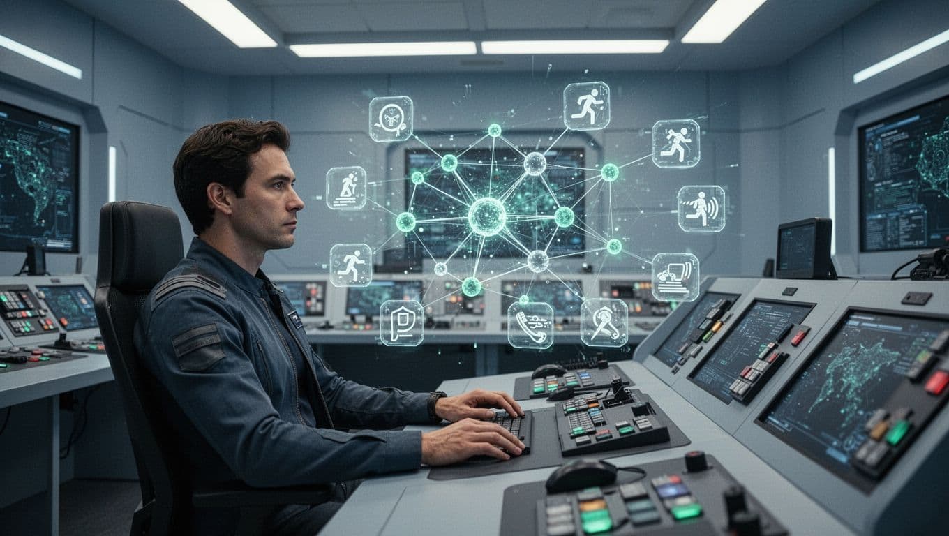 Modern illustration of a red team operator in a command center monitoring a simulated cyber attack on a corporate network hologram display, surrounded by evasion tactics icons, featuring clean shapes and green accents.