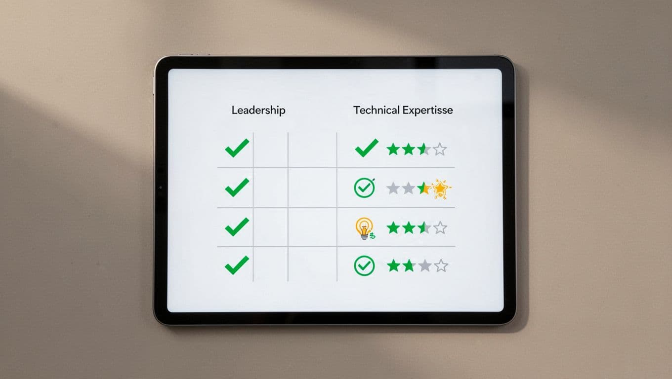 Modern illustration of a simple scorecard evaluation framework displayed on a digital tablet, featuring checkmarks and ratings for skills like leadership and technical expertise, with a neutral background and clean shapes.
