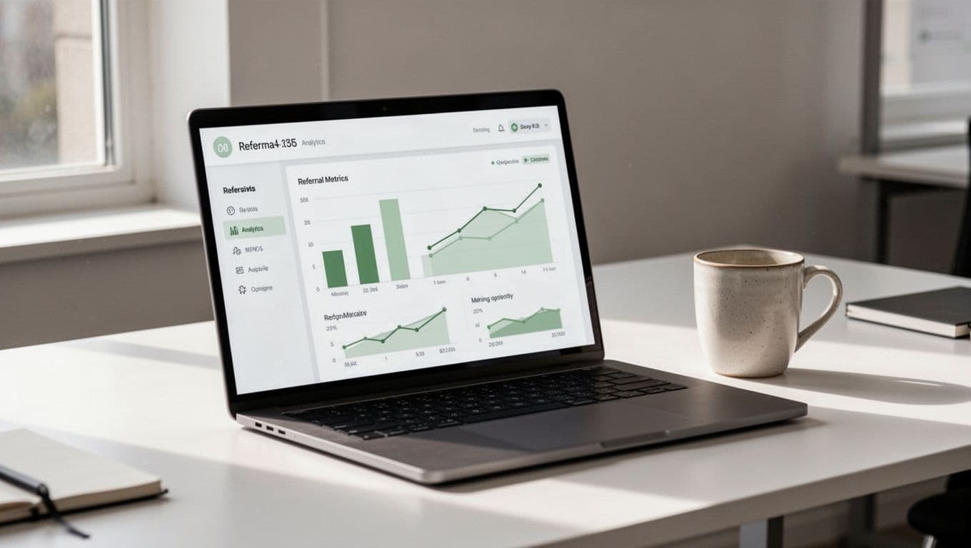 Clean modern illustration of a laptop on an office desk displaying a simple analytics dashboard with bar graphs and line charts for referral metrics like meeting rates and pipeline value, accented in green, with a coffee mug nearby under natural lighting.