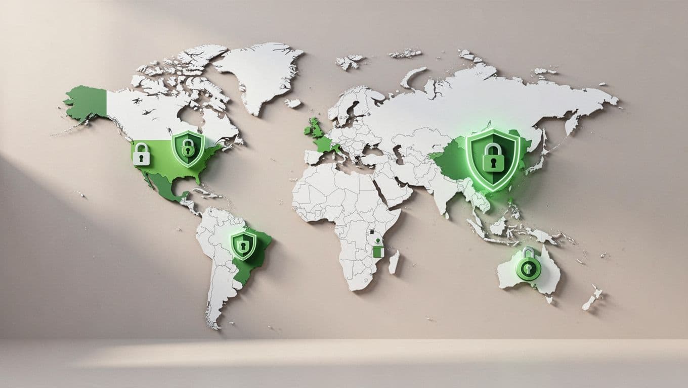 Modern illustration of a world map emphasizing Europe, Asia-Pacific, and North America with cybersecurity icons such as shields and locks in #22C55E accent color on a soft neutral background.