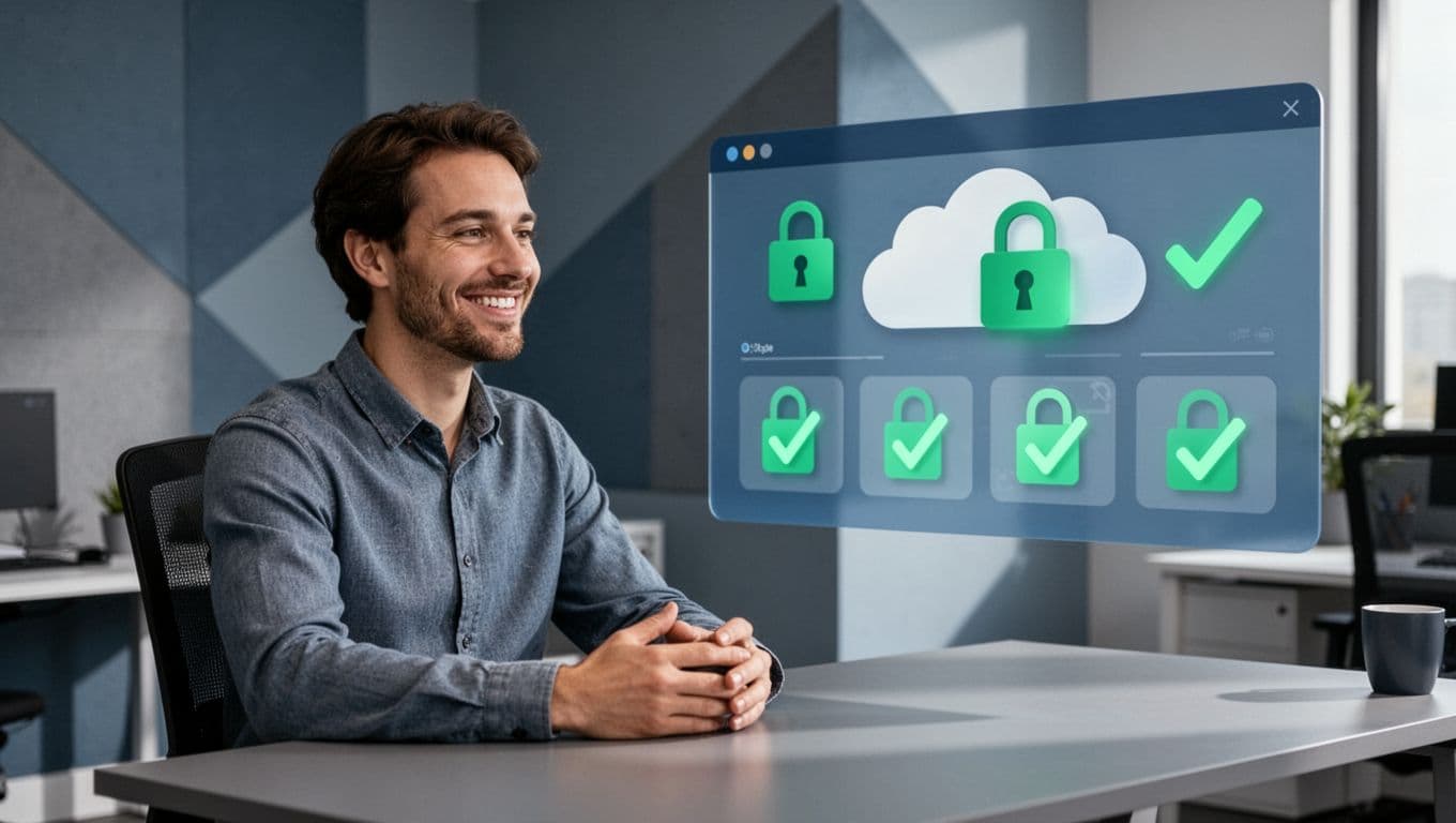 Modern illustration depicting remediation of cloud storage exposures with locks on AWS S3, Azure Blob, and Google Cloud Storage buckets, green checkmarks on a checklist, and a smiling security admin at a completed dashboard.