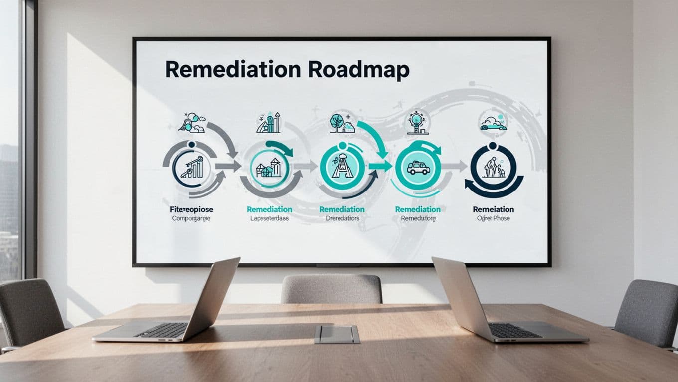 Modern illustration of a remediation roadmap timeline on a digital screen showing phases like assess, prioritize, implement, and monitor, with arrows, security icons, and two laptops on a conference table.