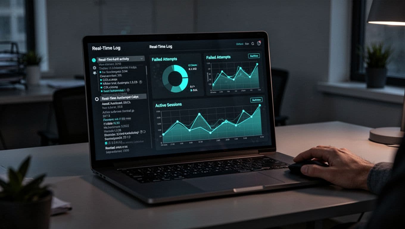 Security dashboard on computer screen displaying real-time logs and alerts for remote access logins, graphs for failed attempts and active sessions; laptop on desk in dim office with one hand on mouse, modern illustration style.
