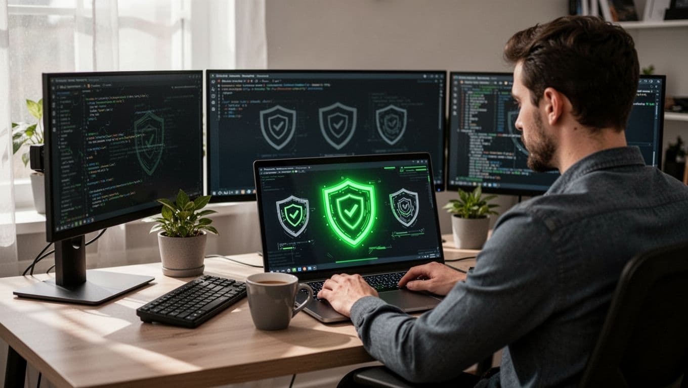 Illustration of a cybersecurity analyst working remotely in a home office, focused on a laptop screen with abstract security icons like shields and locks, and a desk setup including a second monitor, keyboard, plant, and coffee cup in modern style.