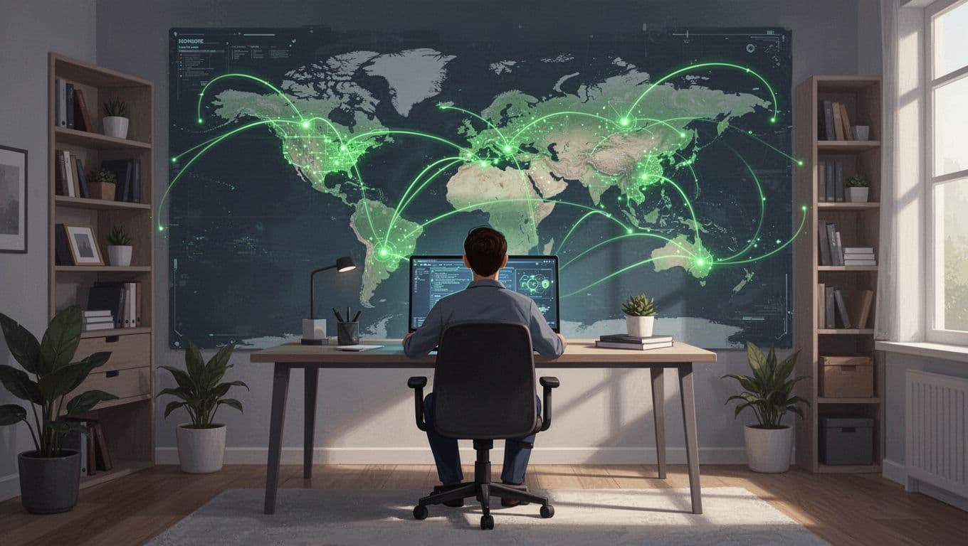Modern illustration of a cybersecurity architect in a home office on a laptop, virtually connected to global map pins representing team collaboration. Clean shapes with green connection lines, relaxed pose, landscape orientation.